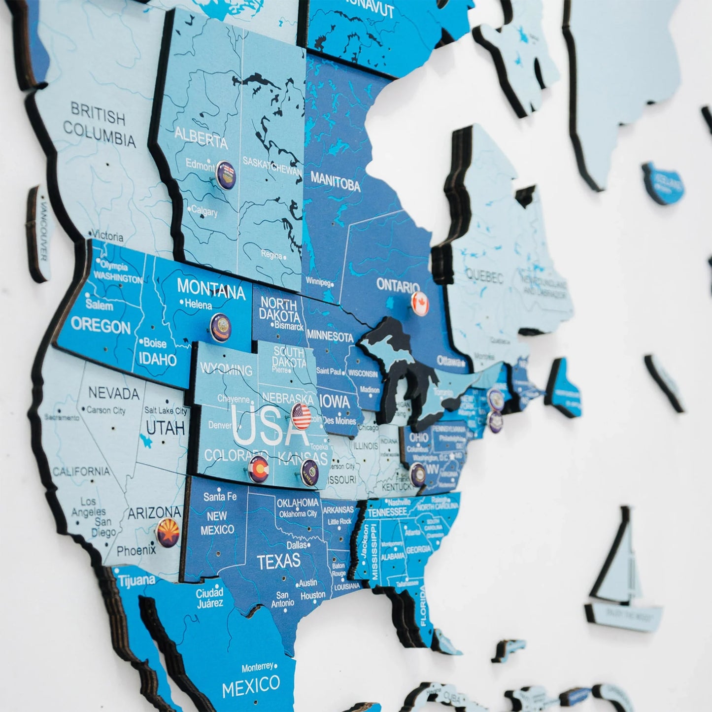 3D Azure Wooden Map - Stylish decor for homes and offices.