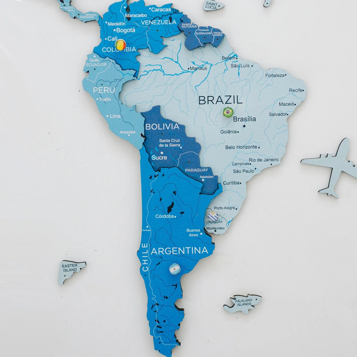 Azure Wooden Map - Unique glowing gift for marking travel memories.