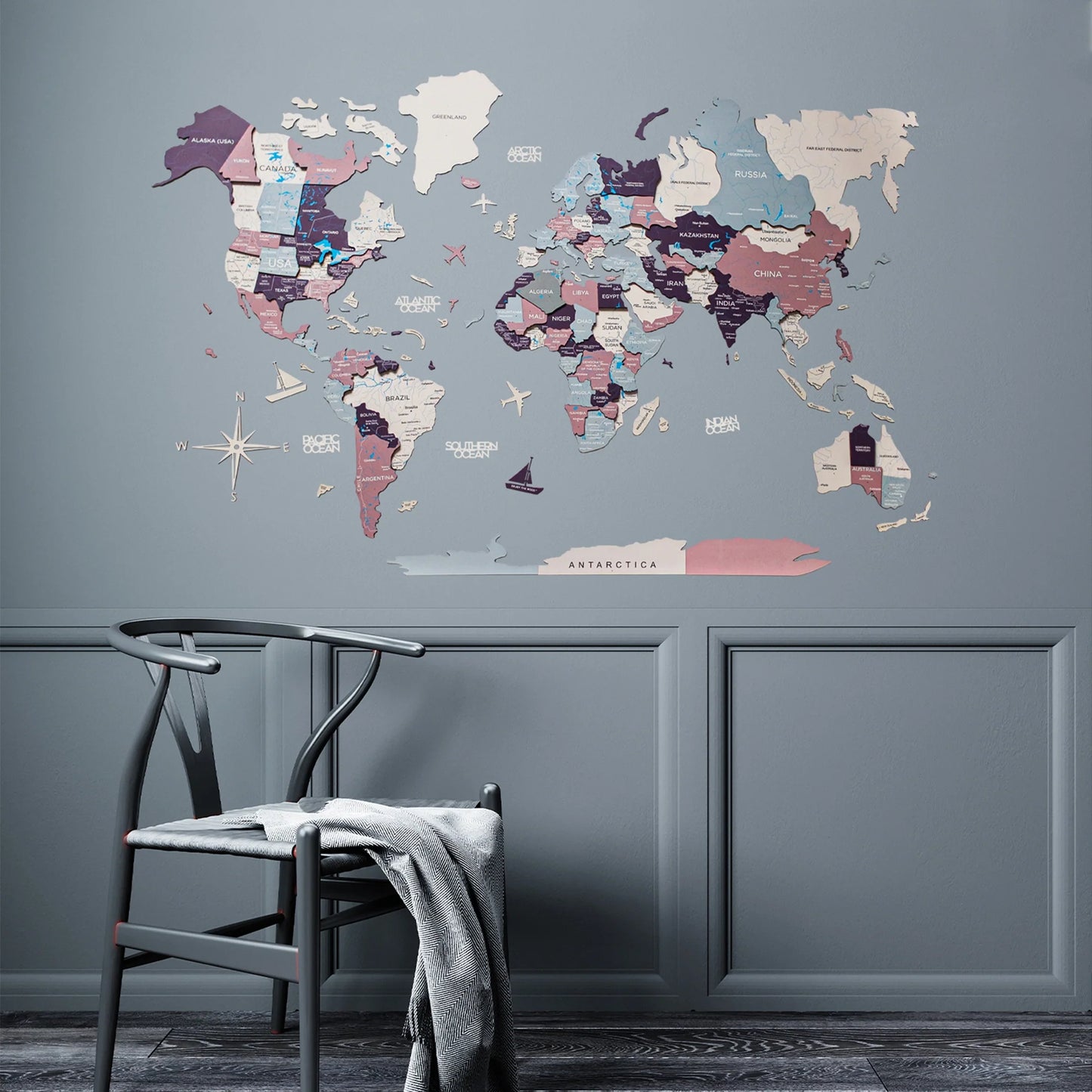 3D Wooden World Map Berry - Elegant wall decor for travel enthusiasts.