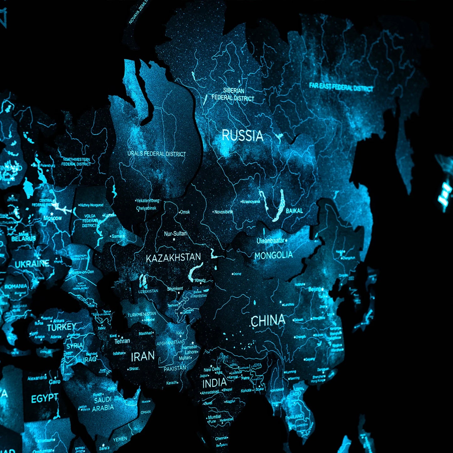Boho Luminous Wooden World Map - Glows in the dark, perfect for stylish interiors.