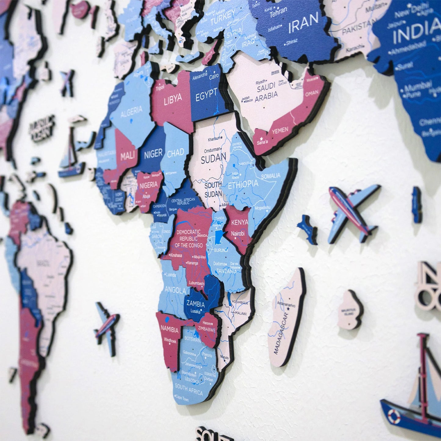 3D Bubble Gum Wooden Map - Stylish decor for homes and offices.