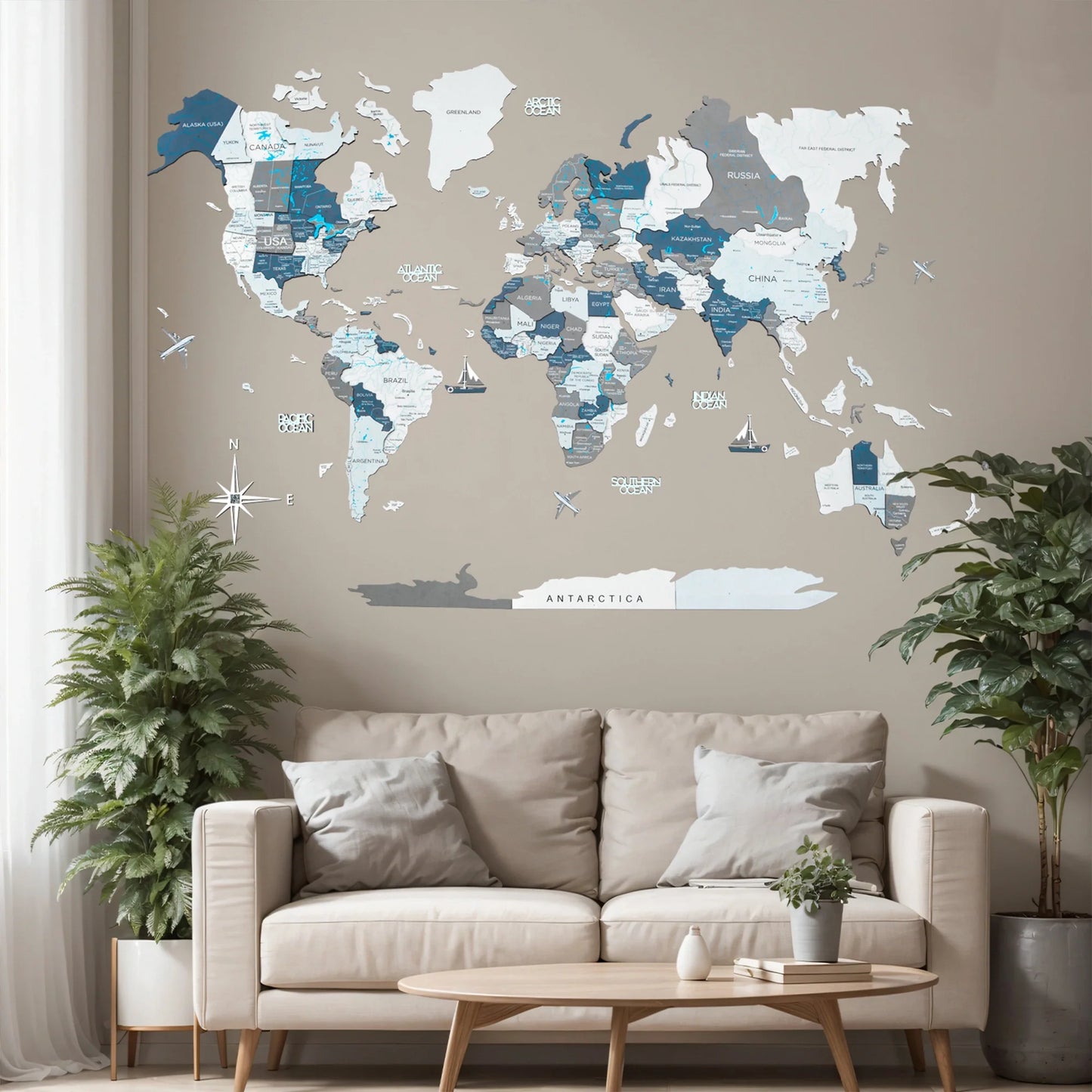 3D Wooden World Map Cruise - Elegant wall decor for travel enthusiasts.