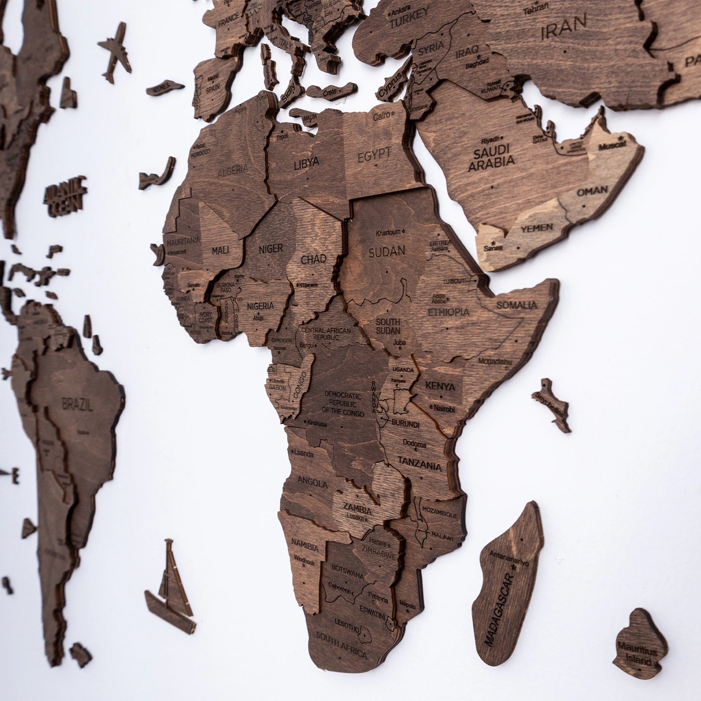 3D Wooden World Map - Dark Walnut