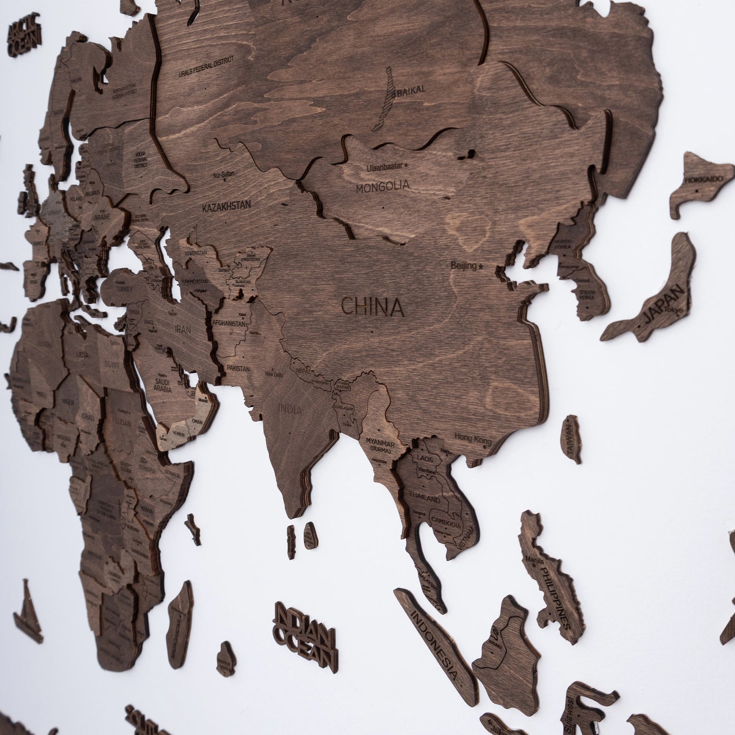 3D Wooden World Map - Dark Walnut