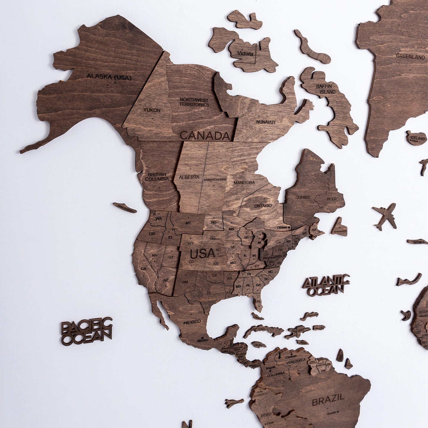 3D Wooden World Map - Dark Walnut