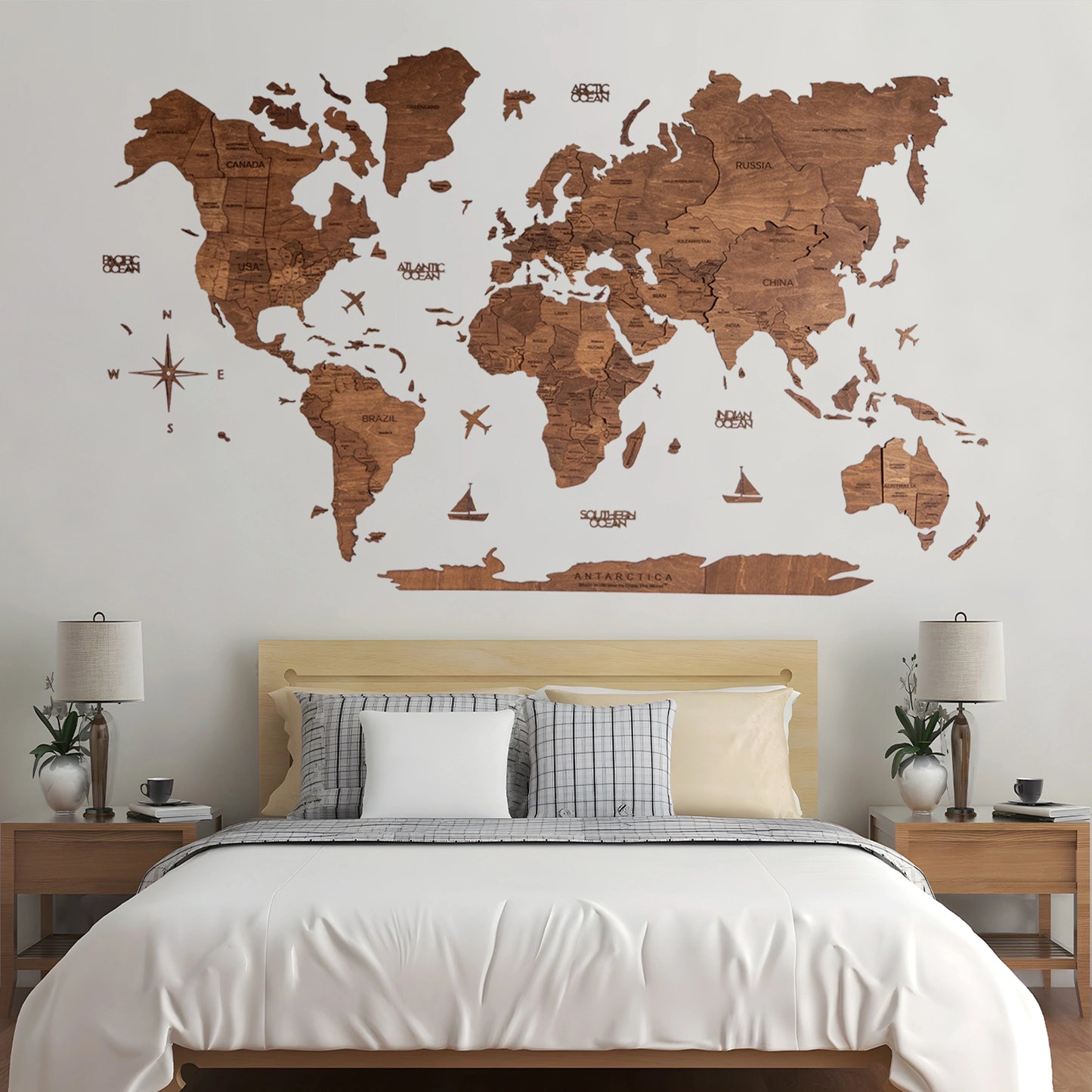 3D Wooden World Map - Oak