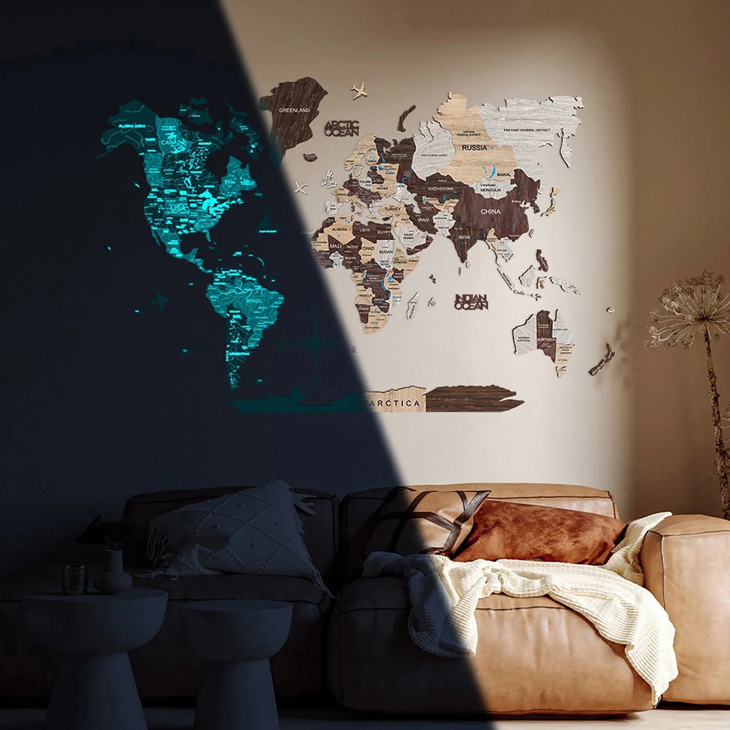 3D Luminous Wooden World Map Cappuccino - Unique glowing decor for travelers.