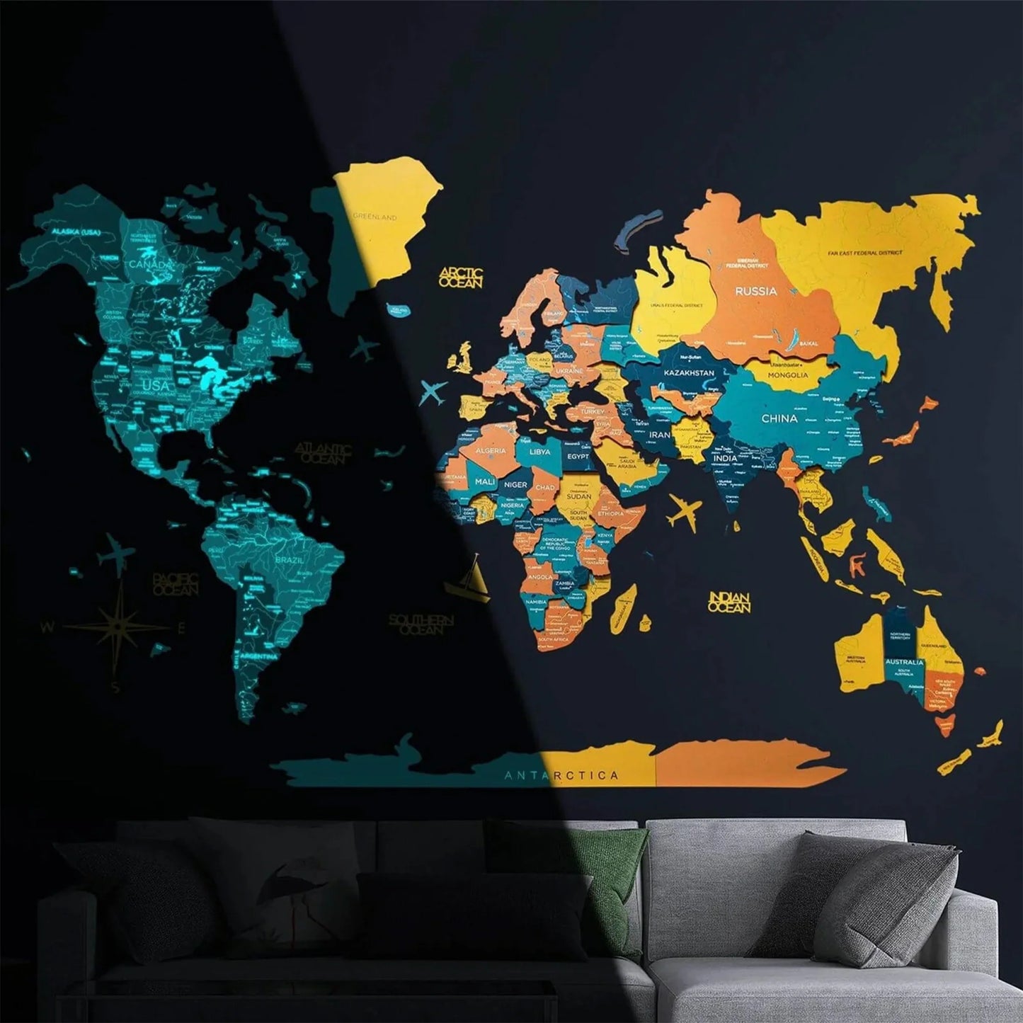 3D Luminous Wooden World Map Indie - Unique glowing wall decor for travel enthusiasts.