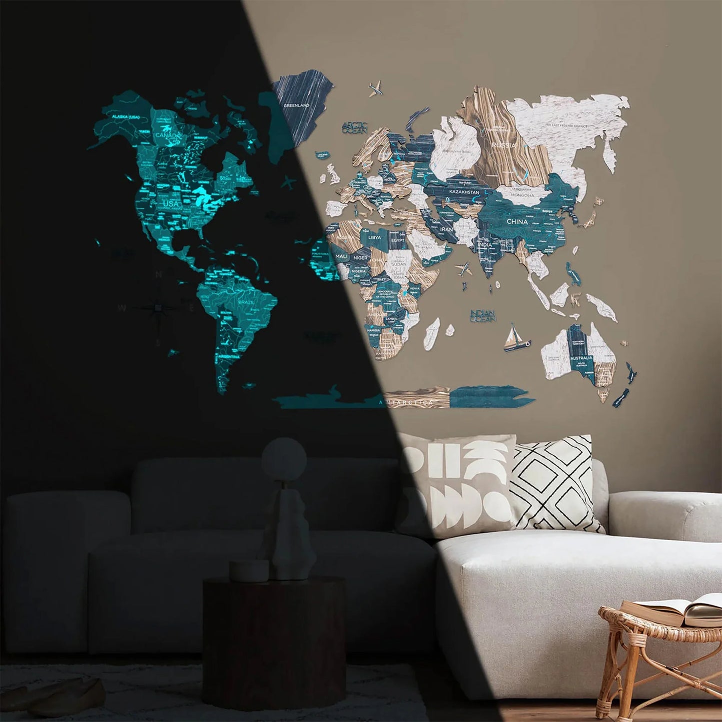 3D Luminous Wooden World Map Mystery - Unique glowing wall decor for adventurers.