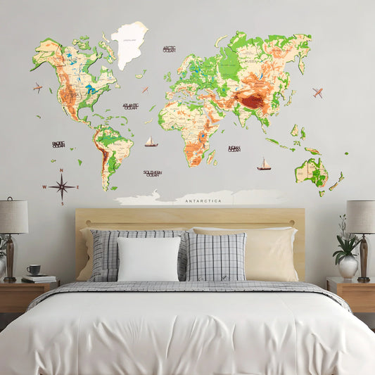 3D Wooden World Map Physical - Elegant wall decor for travel enthusiasts.