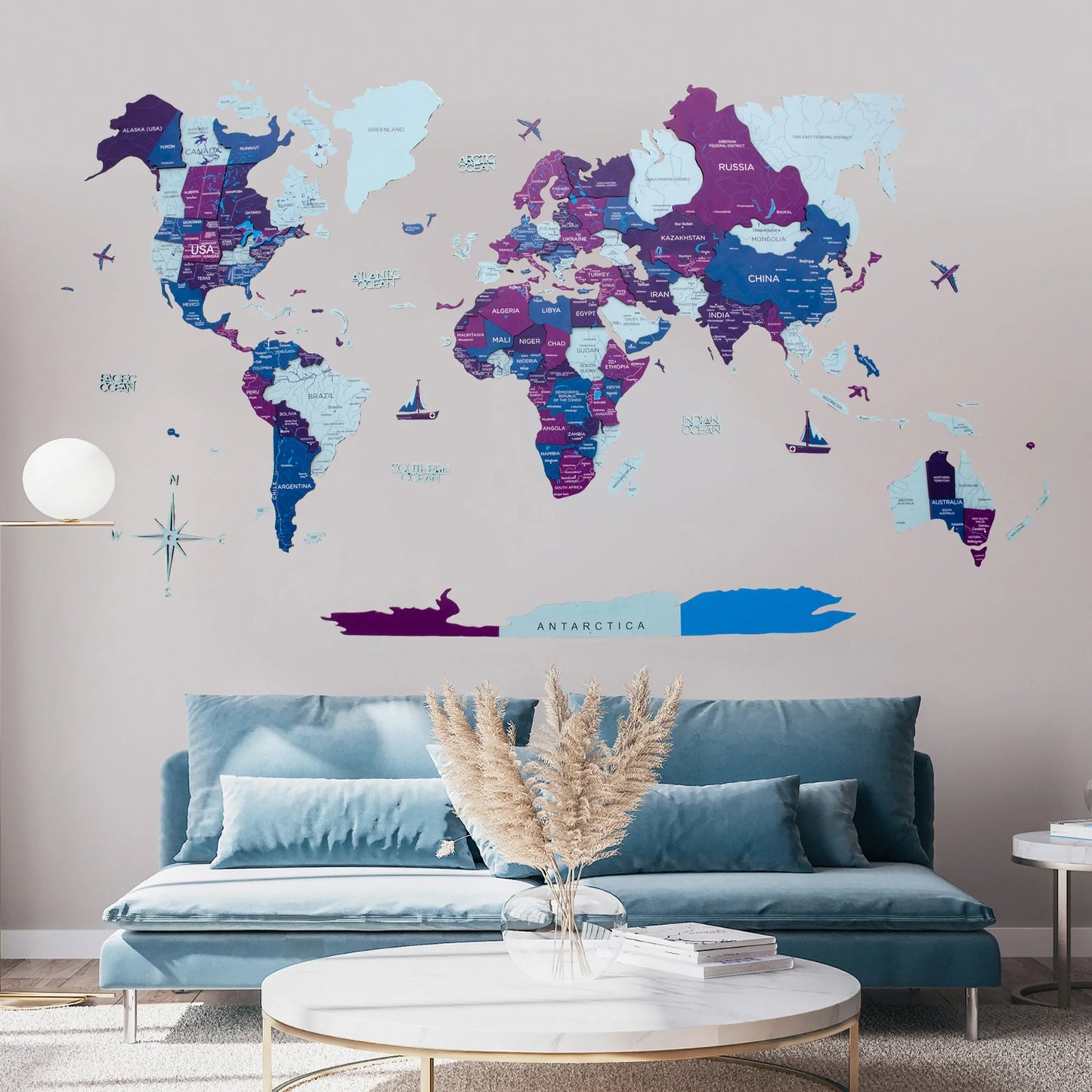 3D Wooden World Map Seaside - Elegant wall decor for travel enthusiasts.