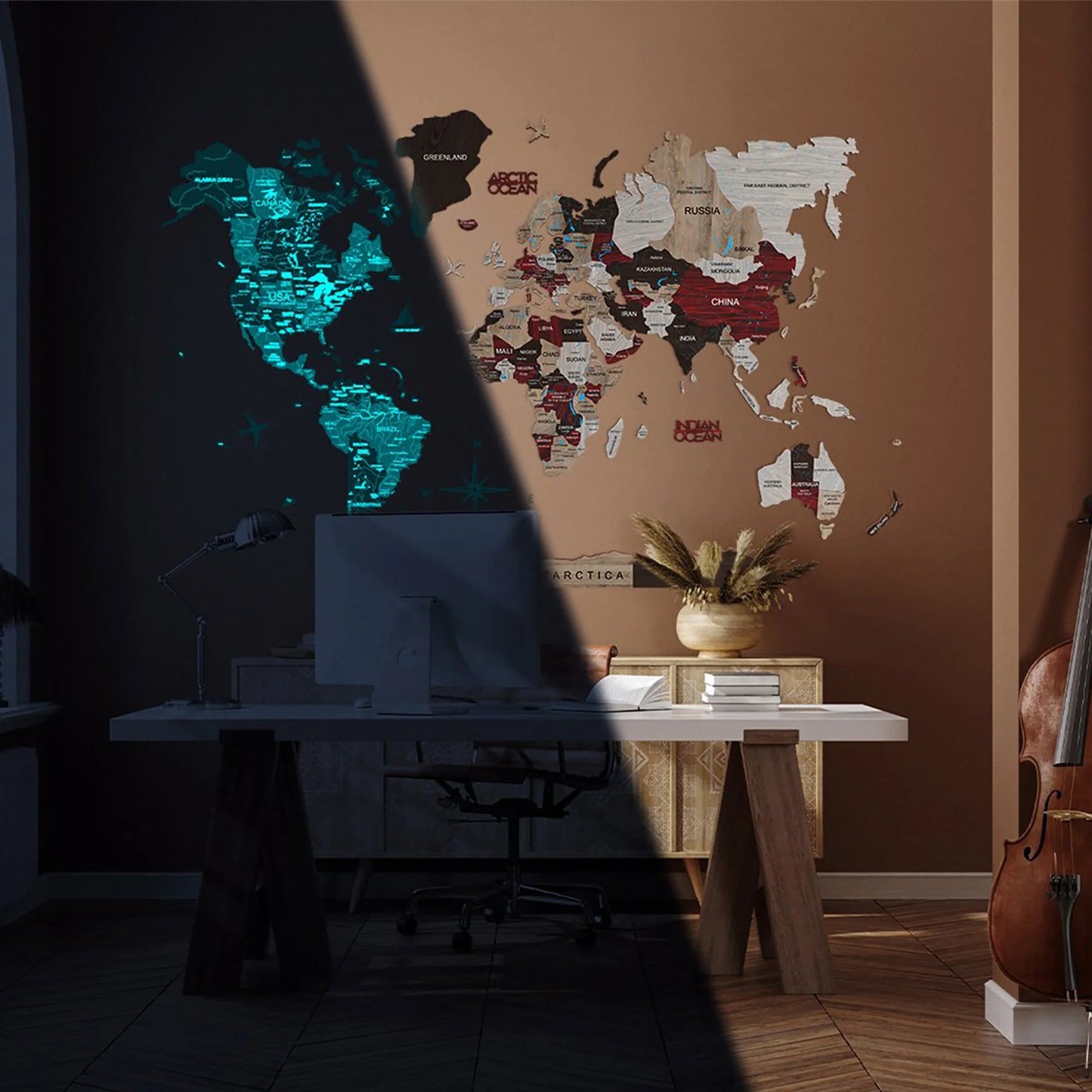 3D Luminous Wooden World Map Urban - Unique glowing wall decor for adventurers.
