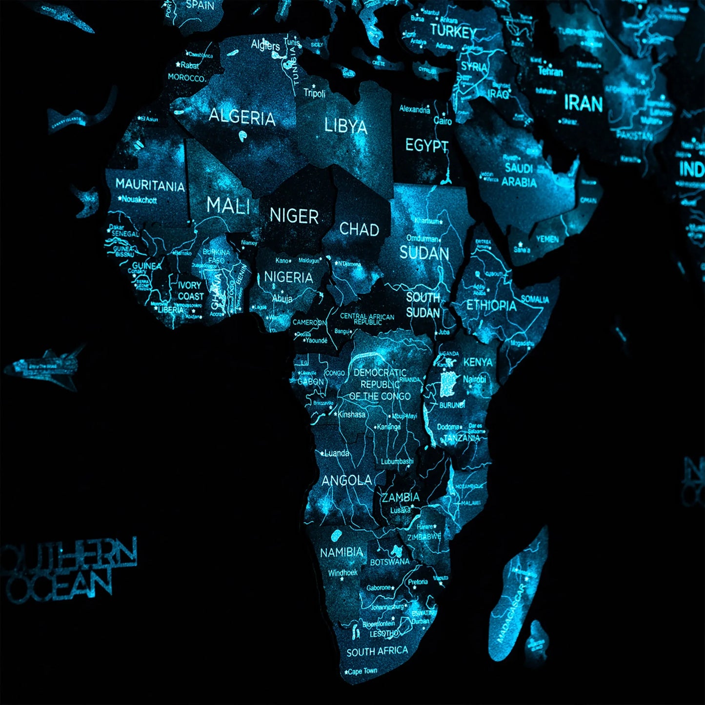 Urban Luminous Wooden World Map - Glows in the dark, perfect for stylish spaces.