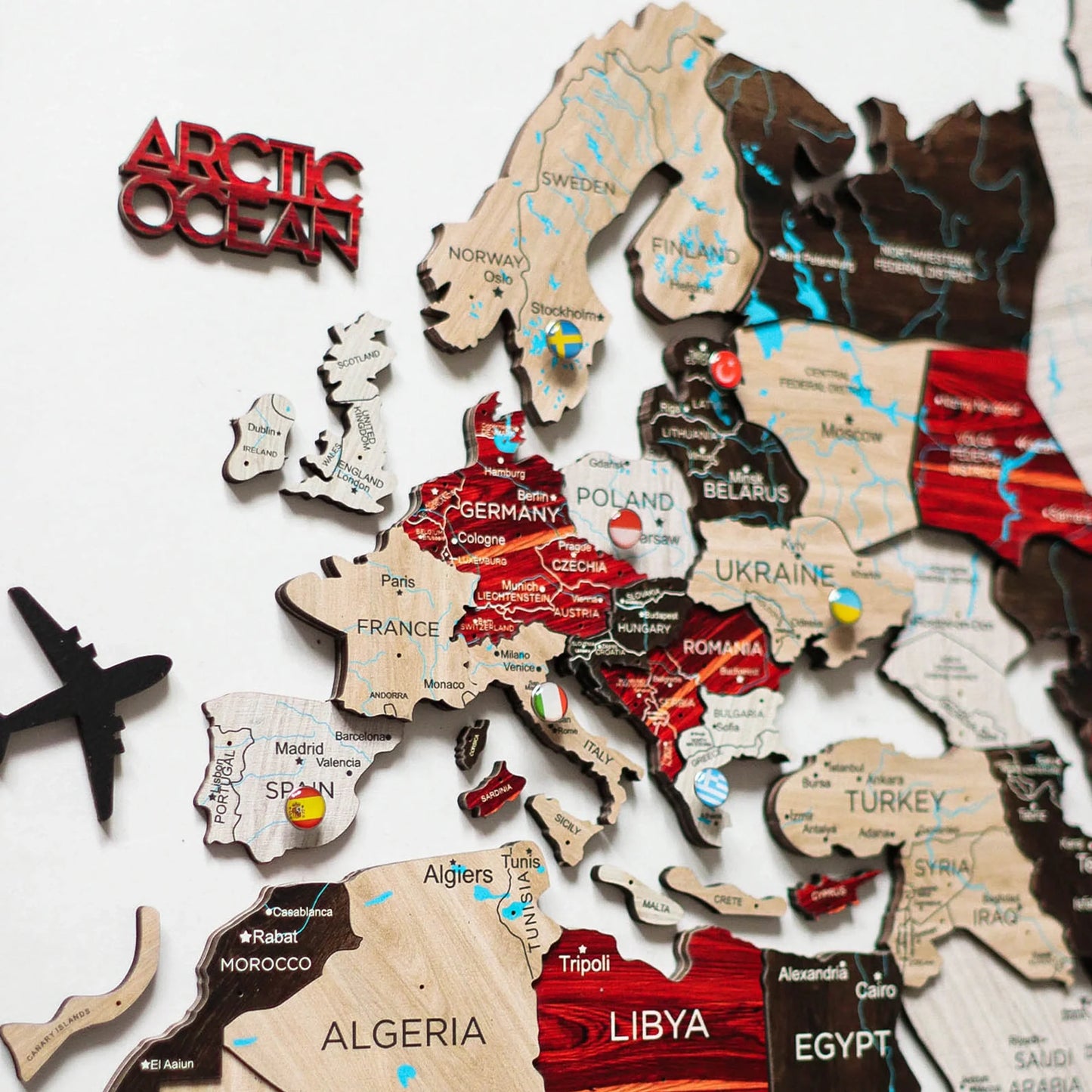 3D Urban Wooden Map - Unique glowing decor for marking travel adventures.