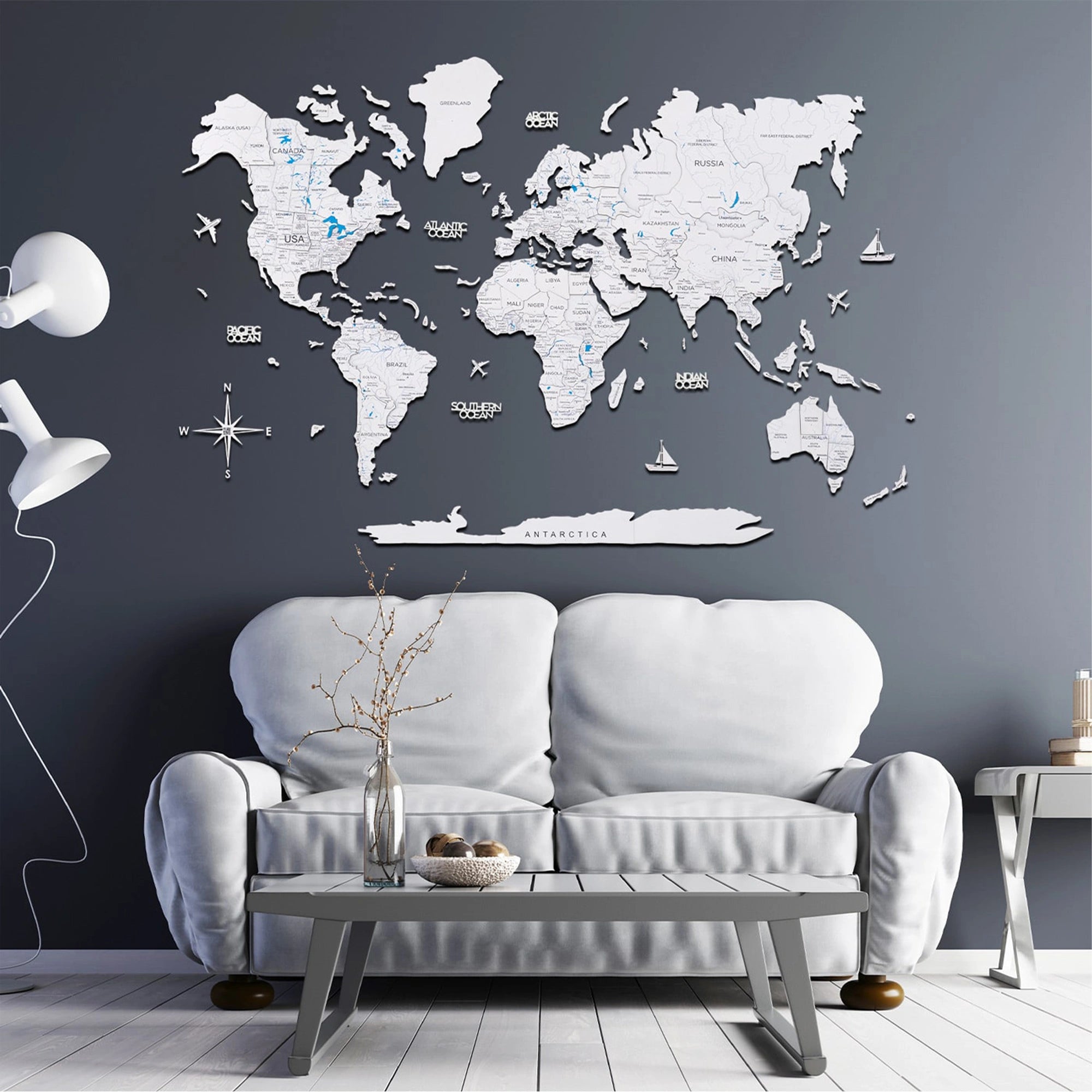 Wood World Map White - Unique holiday gift for travel lovers.