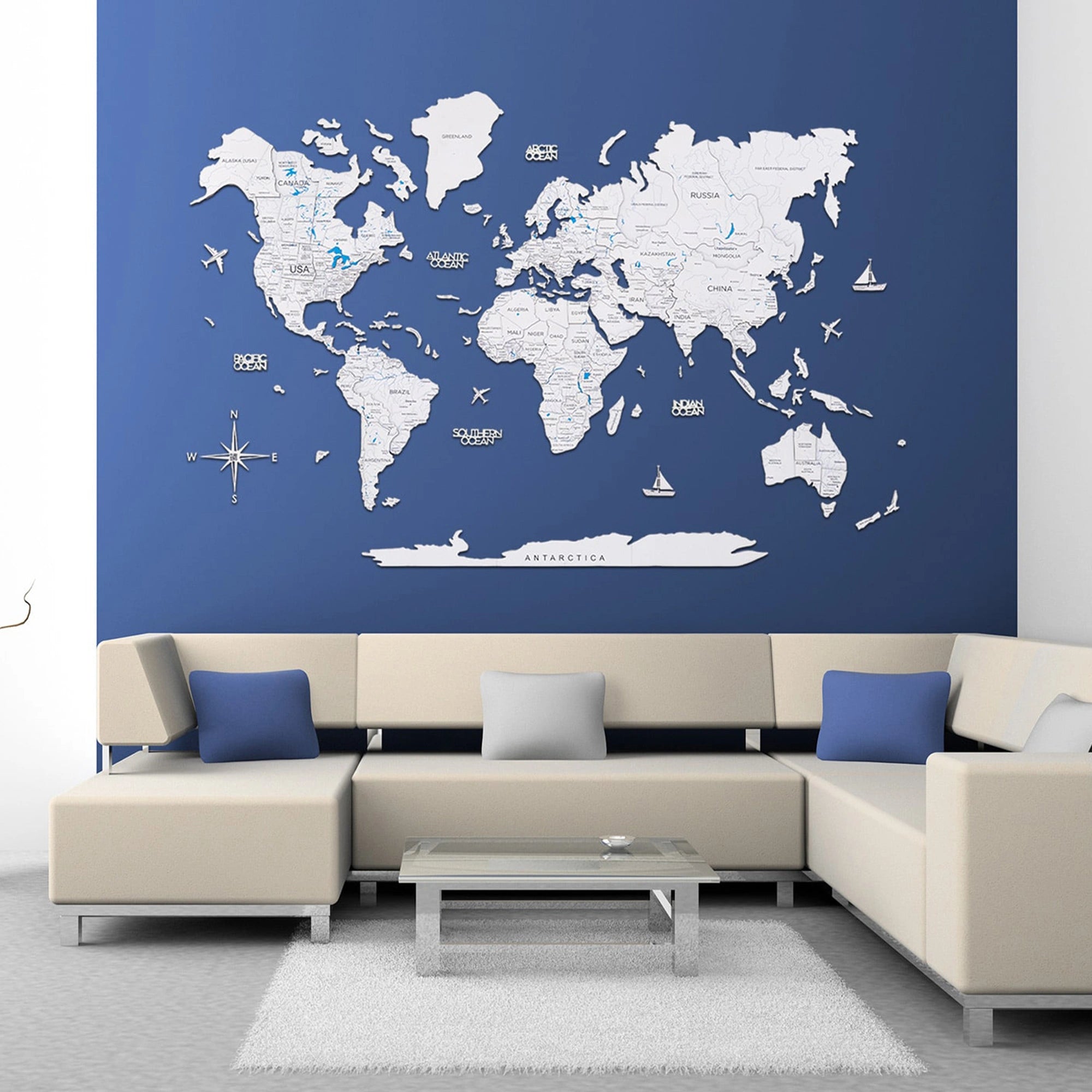 White Wooden World Map - Stylish decor for GCC homes and offices.