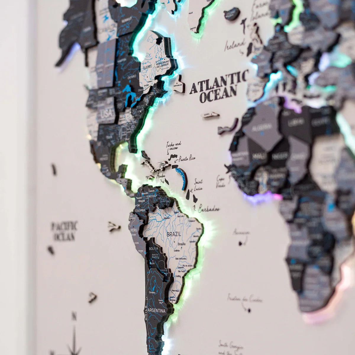3D Wooden LED World Map – Nordik on White Frame