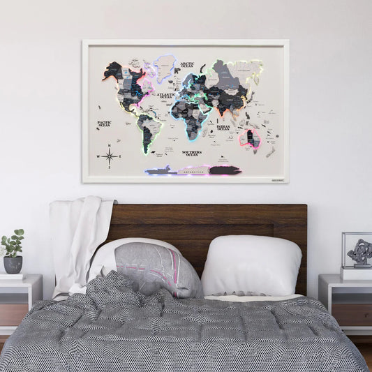 3D Wooden LED World Map – Nordik on White Frame