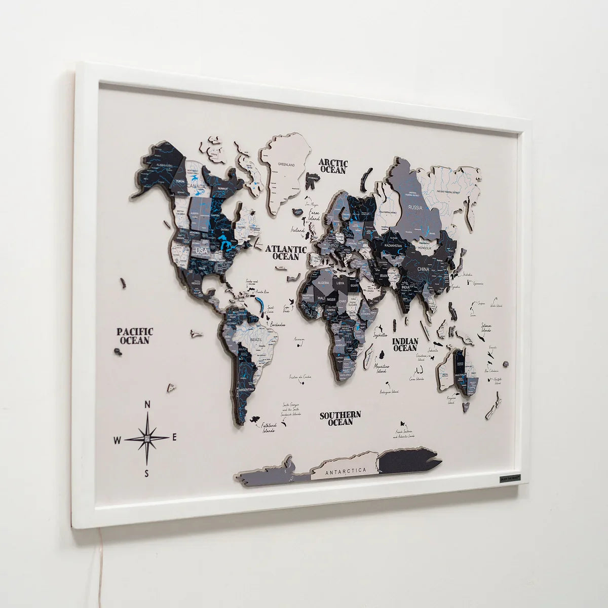 3D Wooden LED World Map – Nordik on White Frame