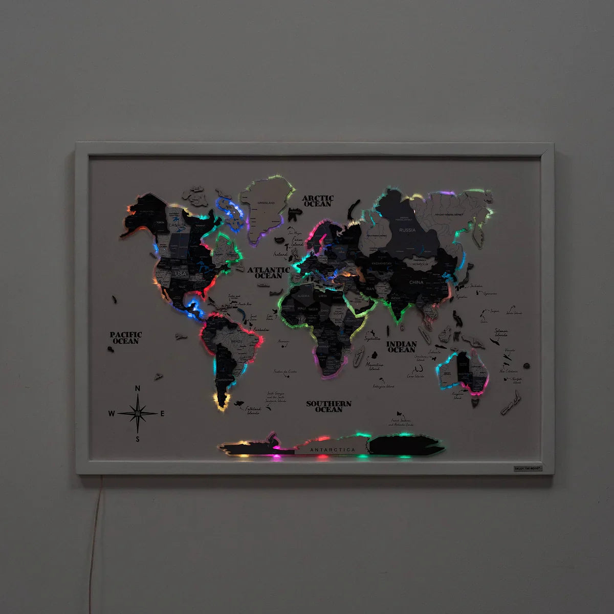 3D Wooden LED World Map – Nordik on White Frame