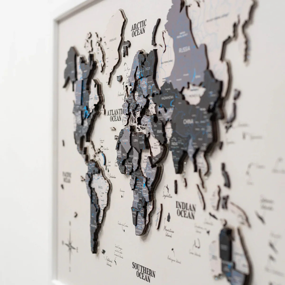 3D Wooden LED World Map – Nordik on White Frame