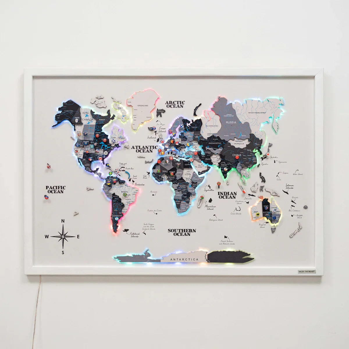 3D Wooden LED World Map – Nordik on White Frame