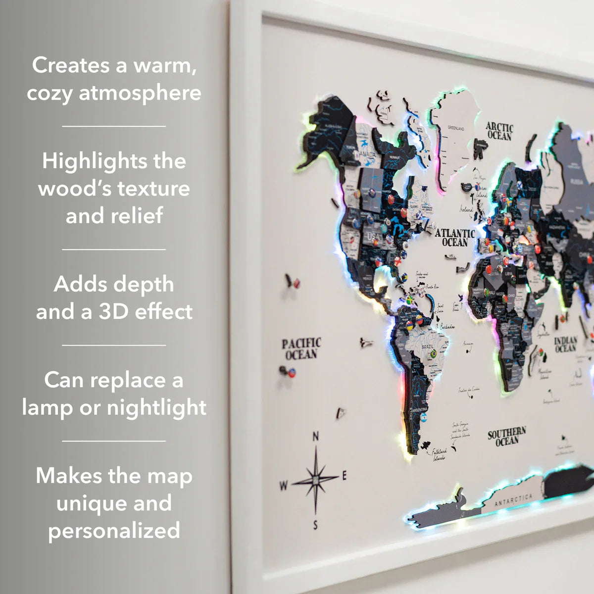 3D Wooden LED World Map – Multicolor on White Frame
