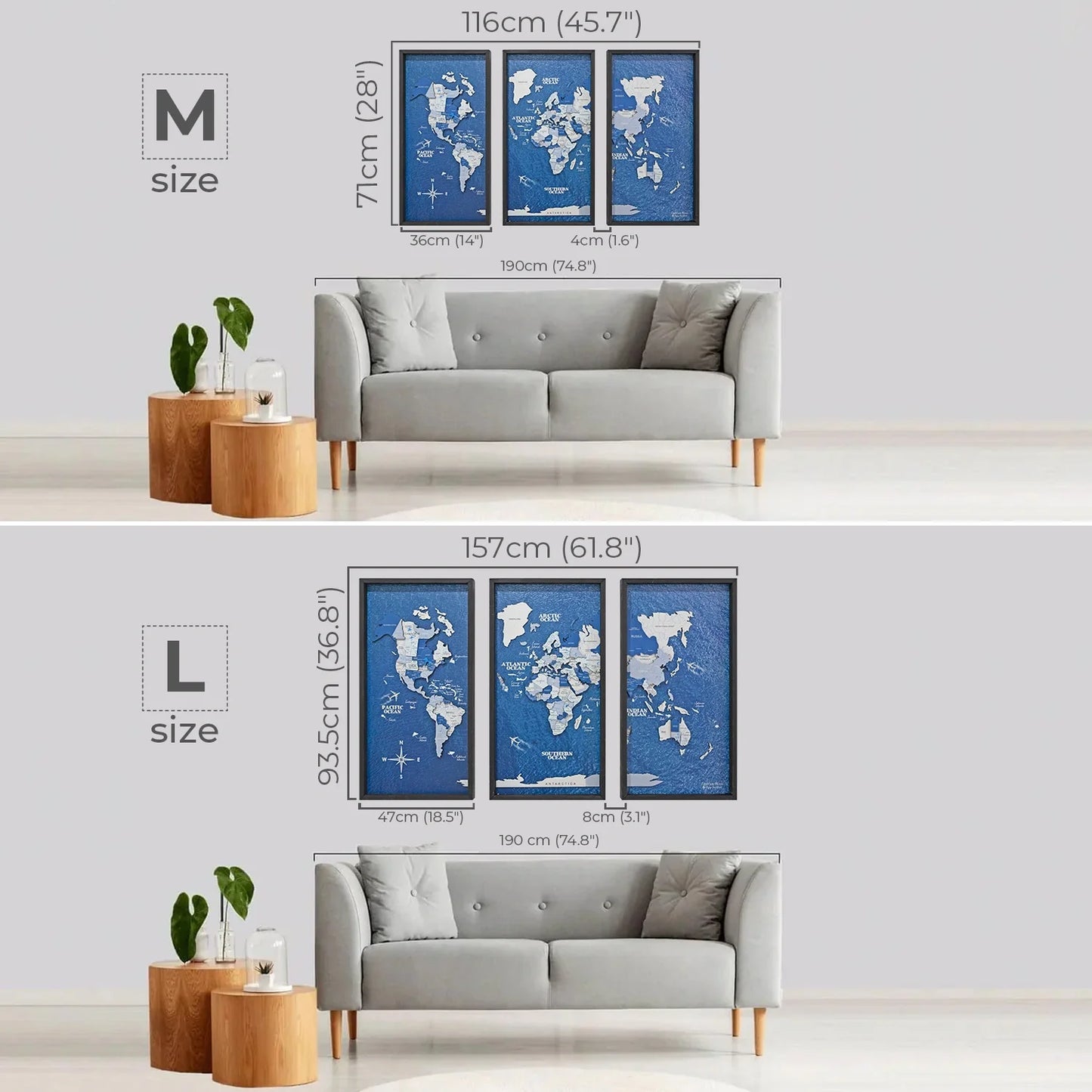 Wooden World Map on Triptych Panels - Aqua Ocean