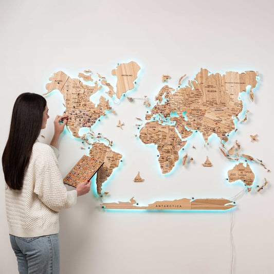 3D solid ash wooden world map with LED – premium handcrafted wall décor