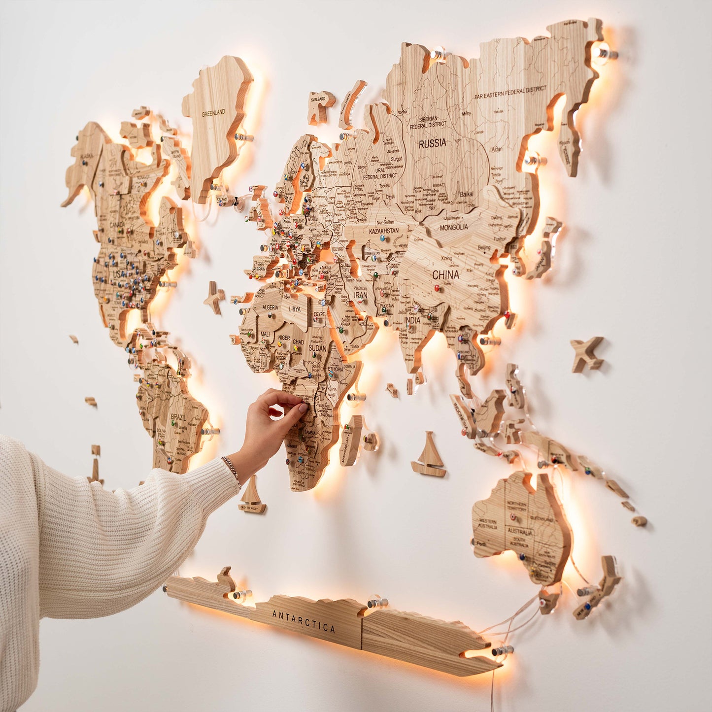 Solid ash LED wooden map – elegant wall décor for home or office