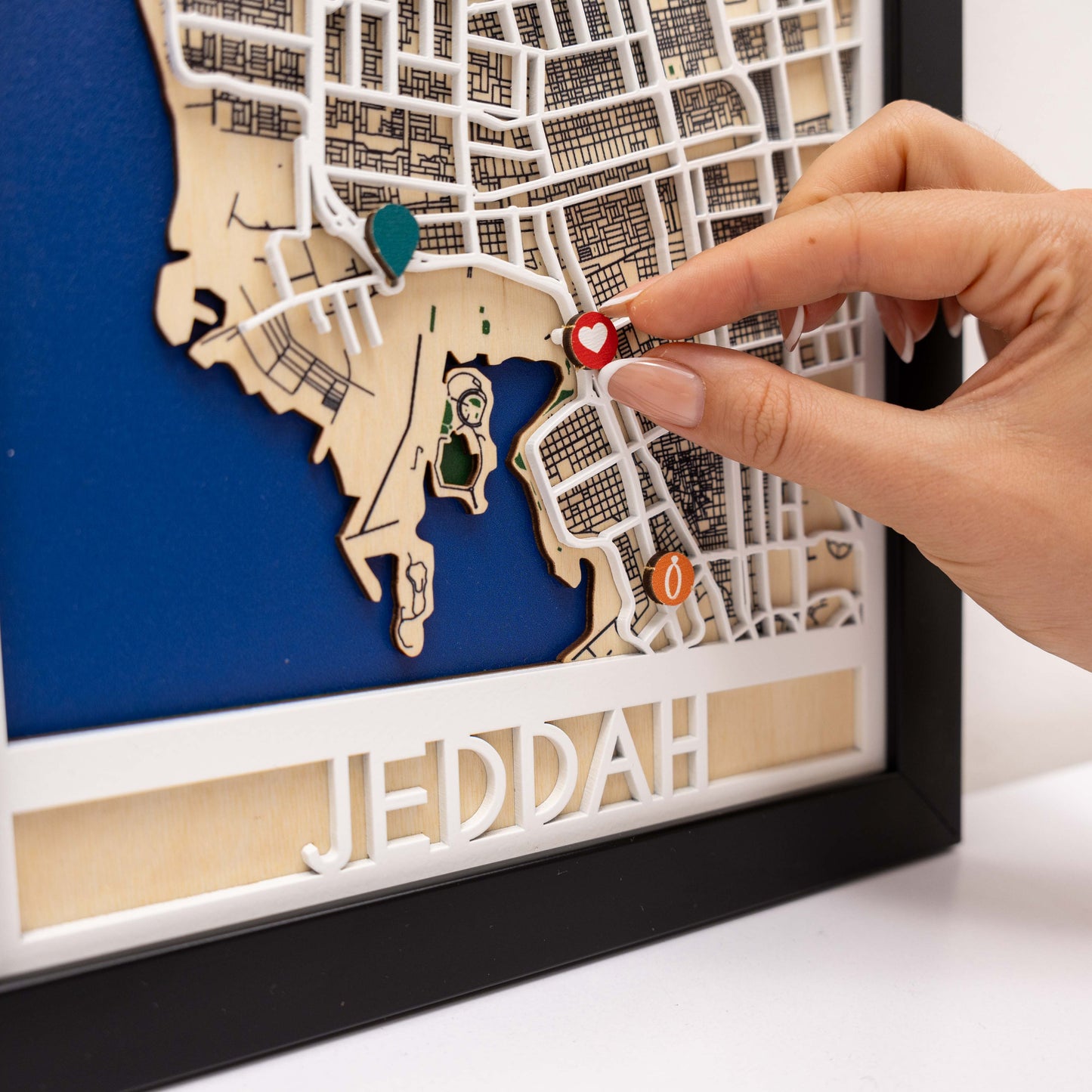 Handcrafted Jeddah wooden city map – premium décor for modern interiors in GCC