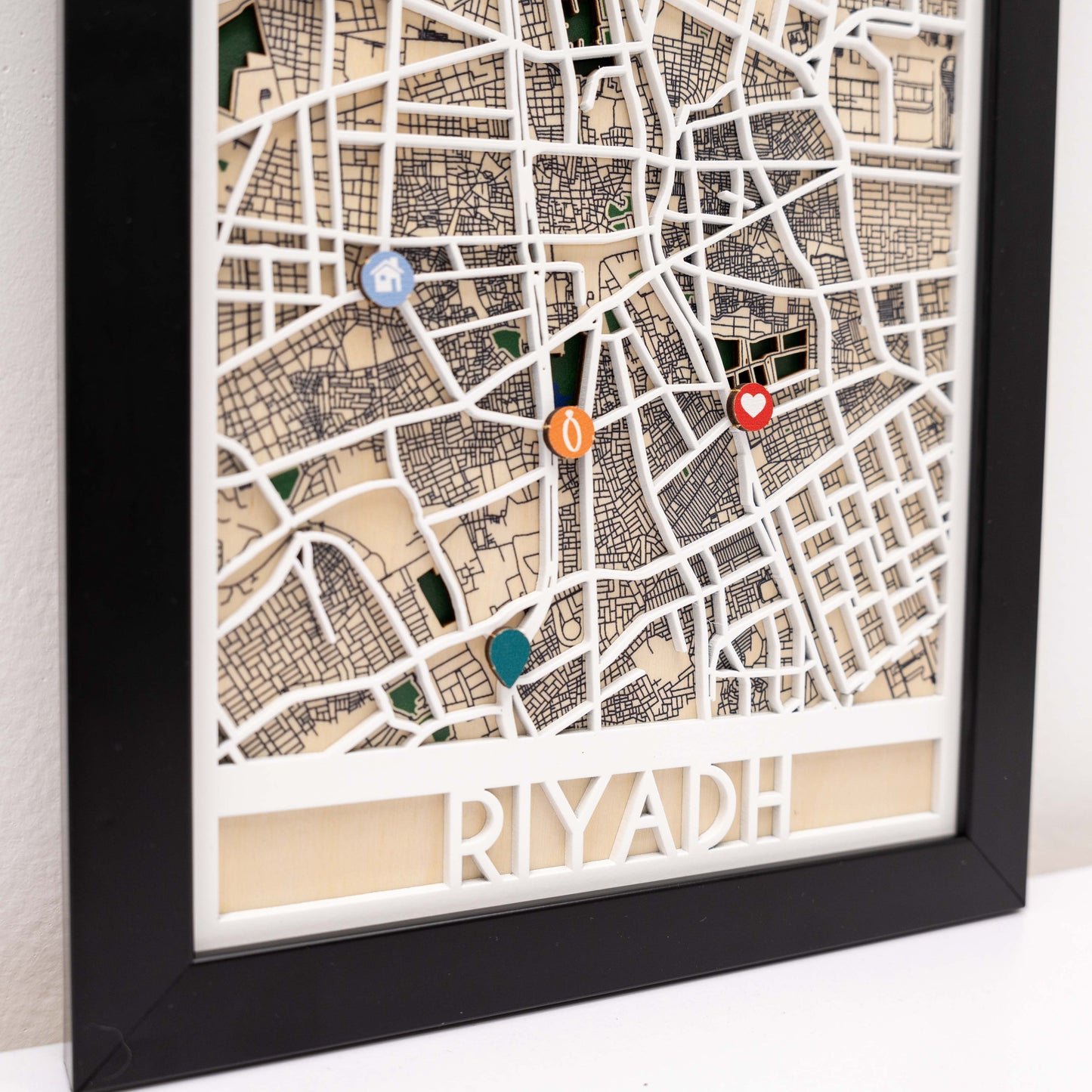 Handcrafted Riyadh wooden city map – elegant wall art for offices and receptions