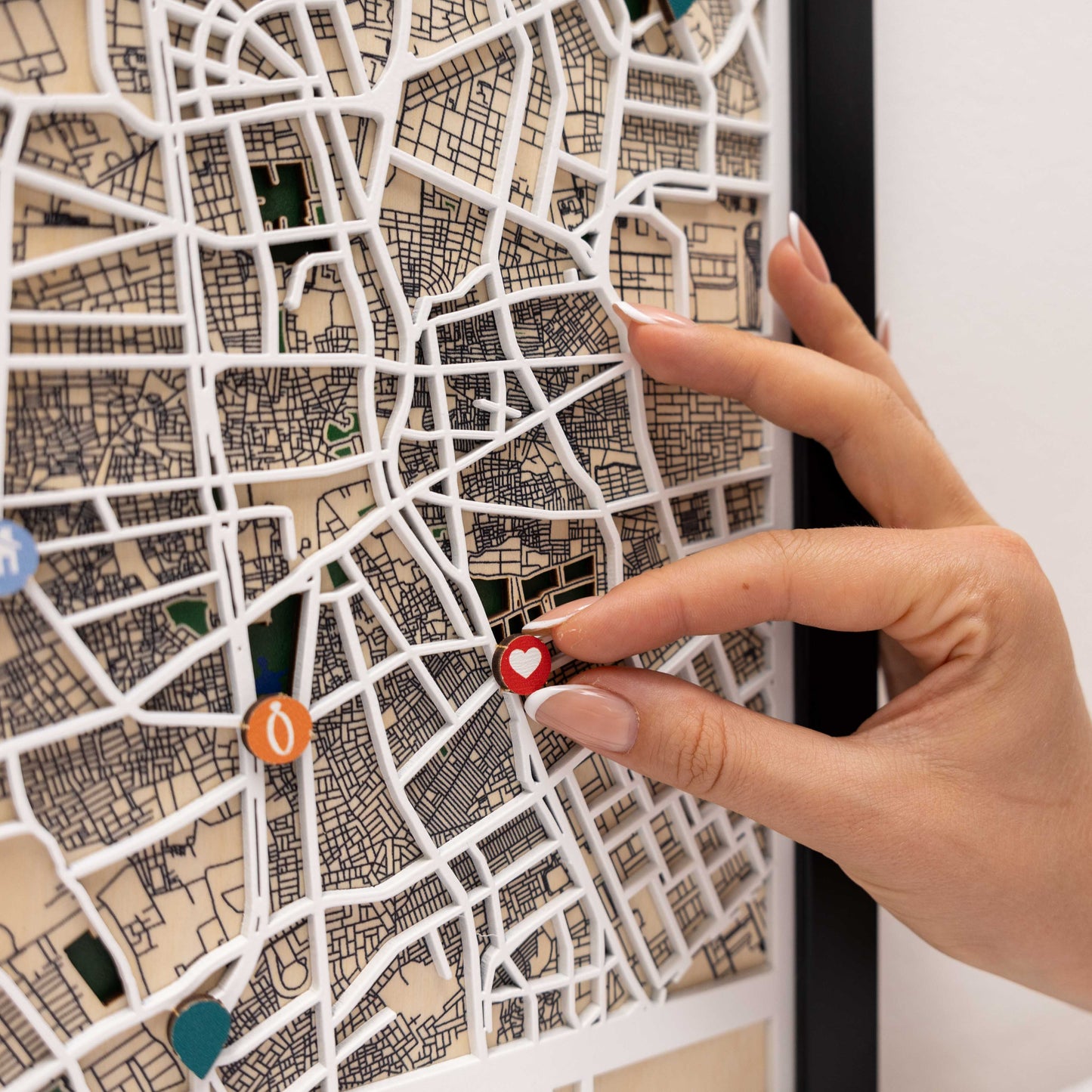 Detailed 3D wooden Riyadh map – layered design for modern interior wall décor