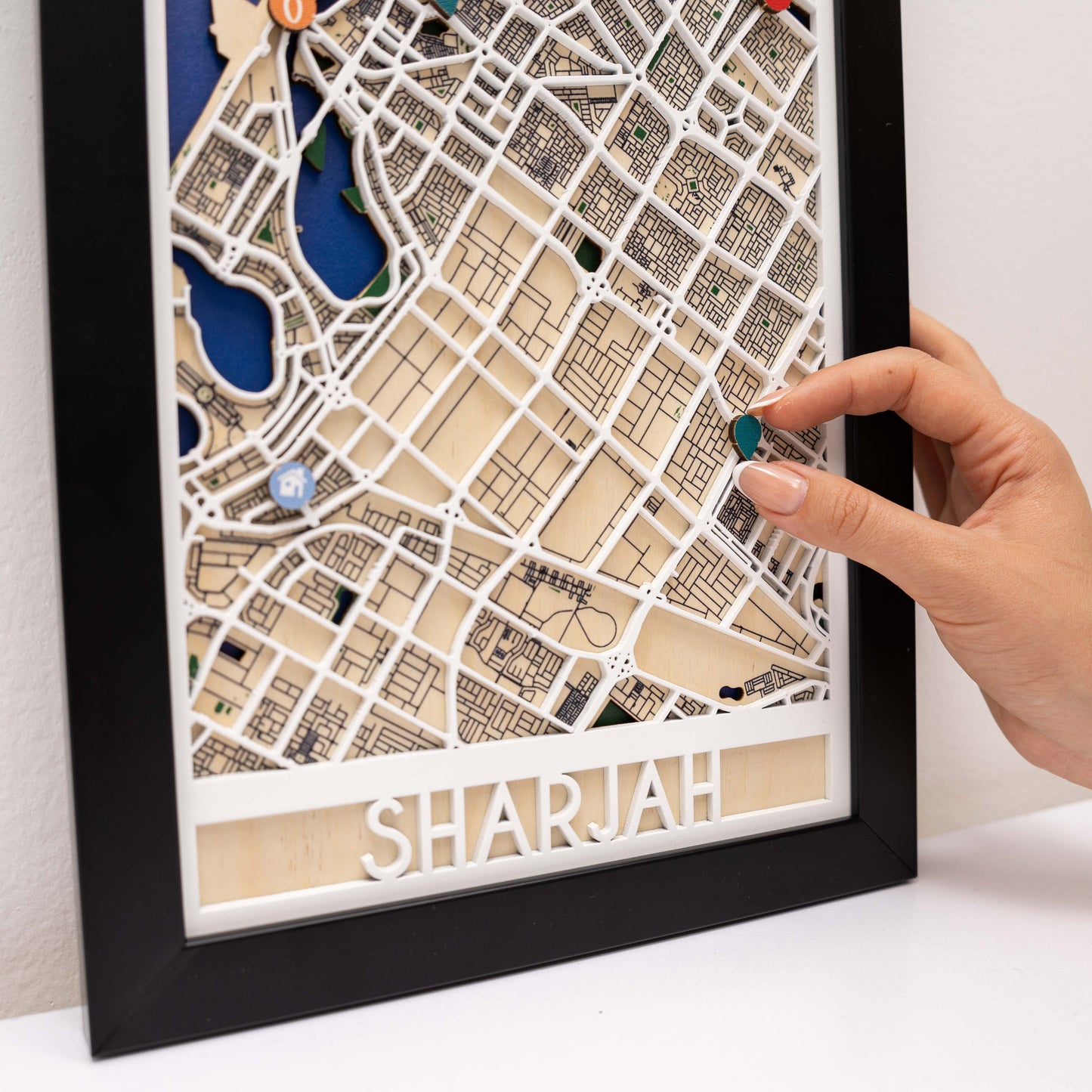 Handcrafted Sharjah wooden city map – elegant art for offices and reception areas