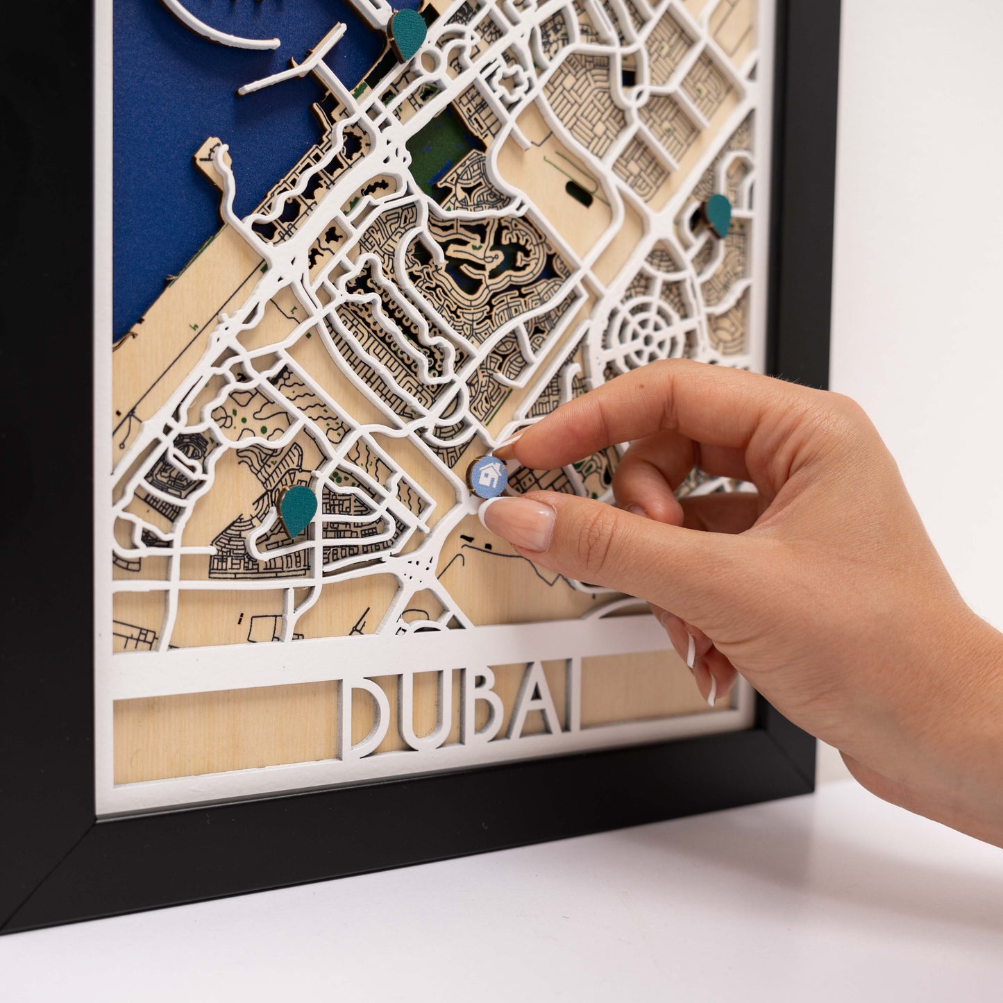 Handcrafted Dubai wooden city map – elegant wall art for offices and receptions