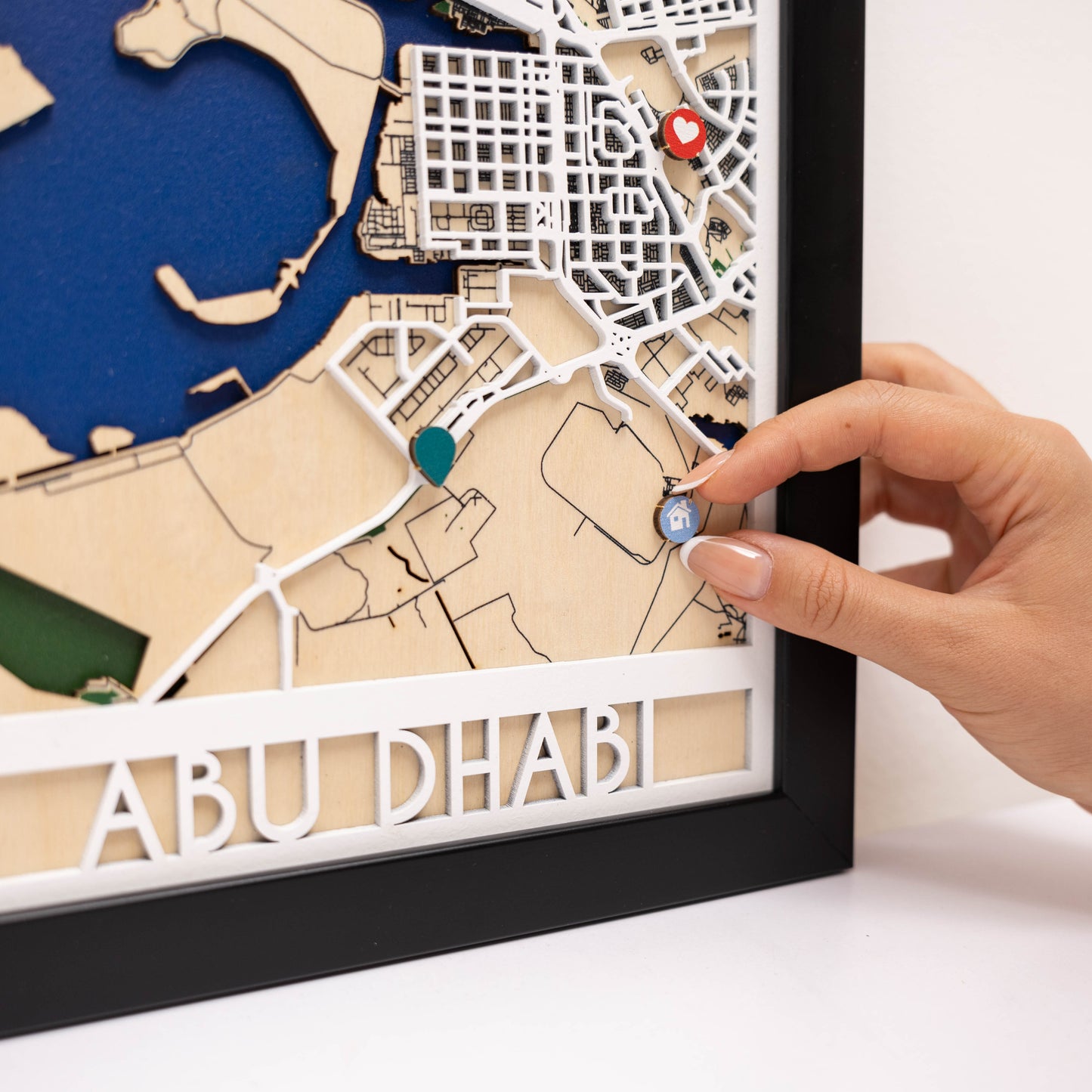 Handcrafted Abu Dhabi wooden city map – elegant art for offices and receptions