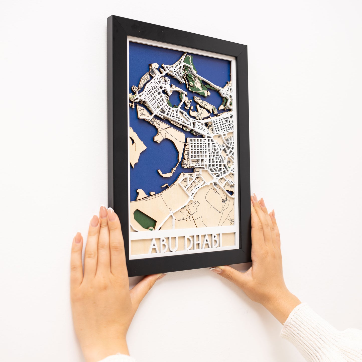 Luxury Abu Dhabi 3D wooden map – statement wall art for UAE-inspired interiors
