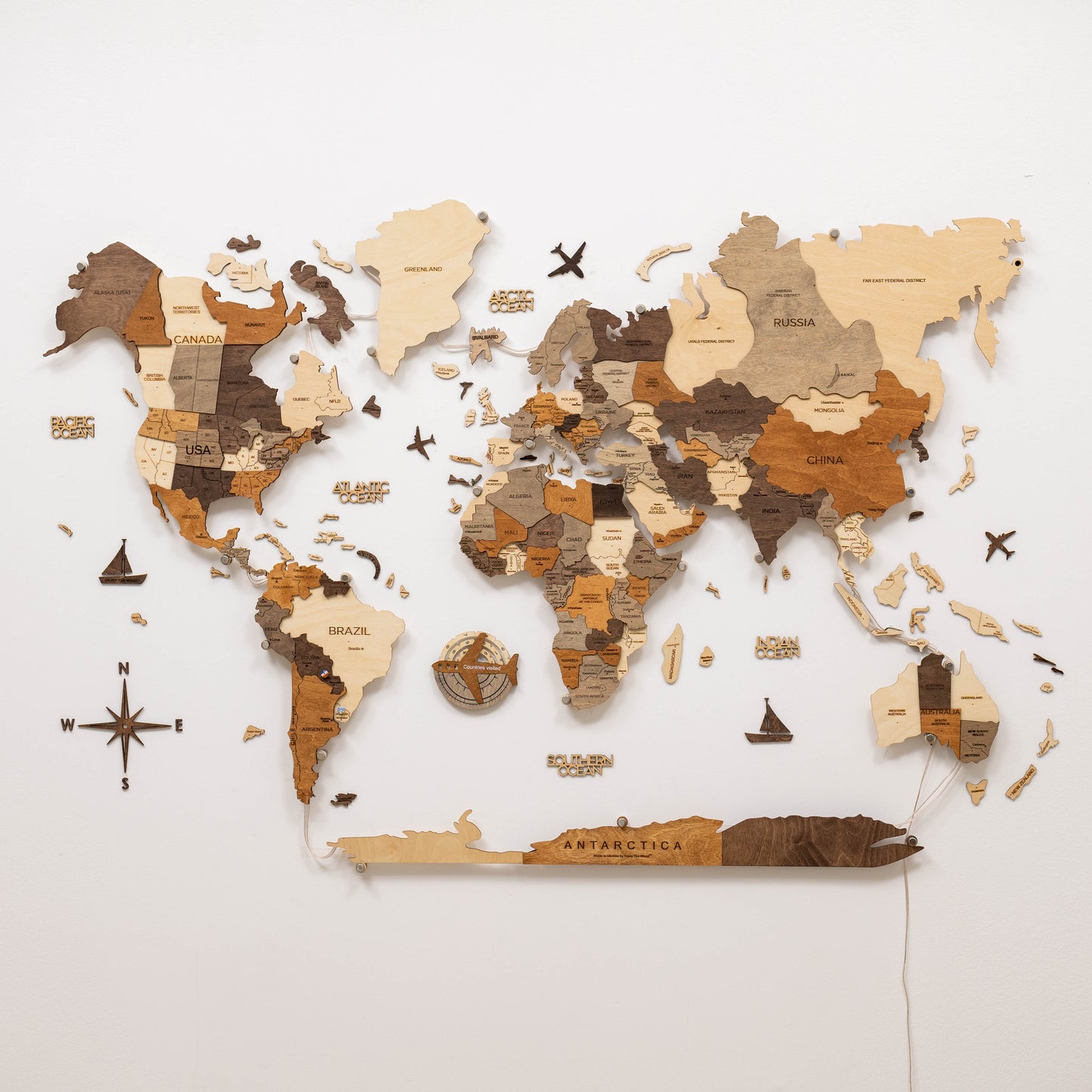 Wooden travel tracker 3D map – mark visited countries with style