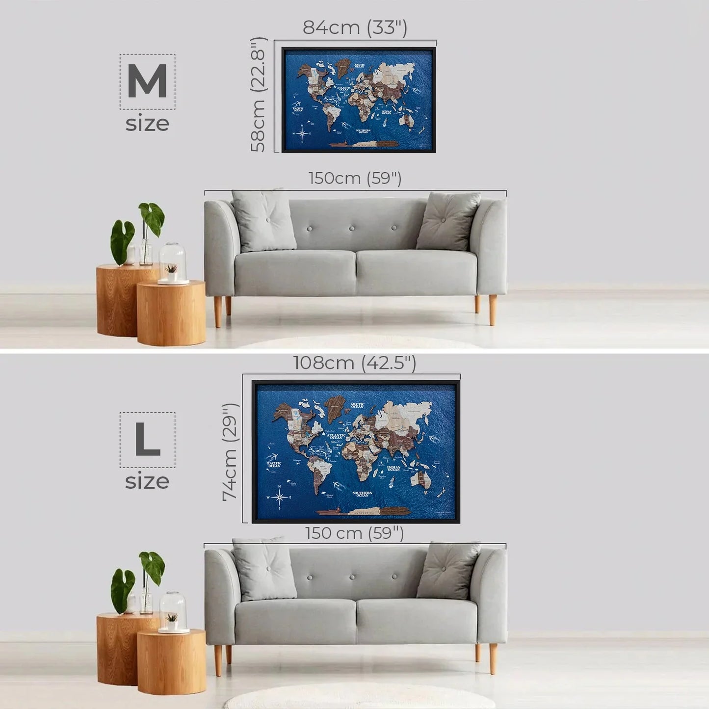 3D Wooden World Map on Panel - Cappuccino Ocean