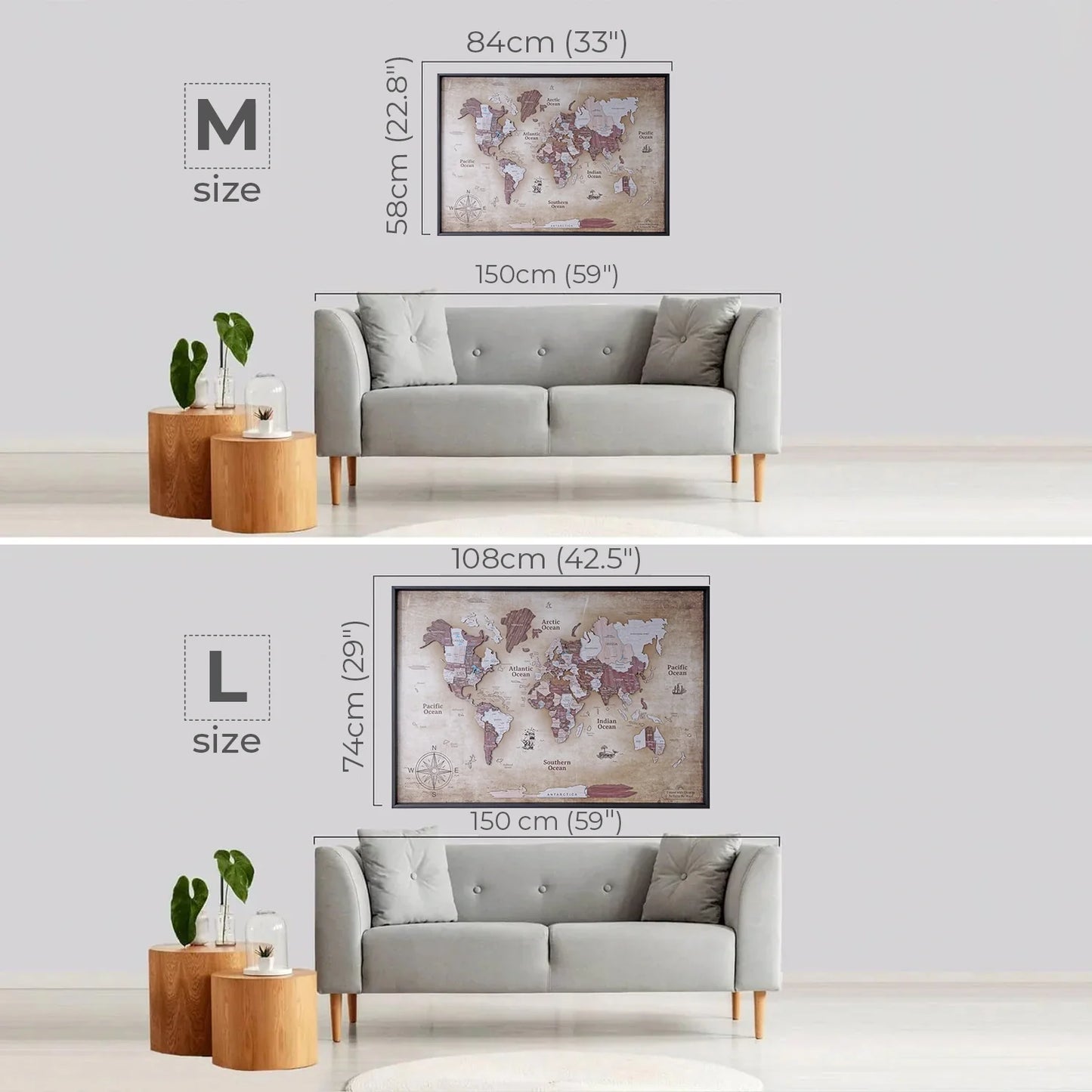 3D Wooden World Map on Panel - Cappuccino Vintage