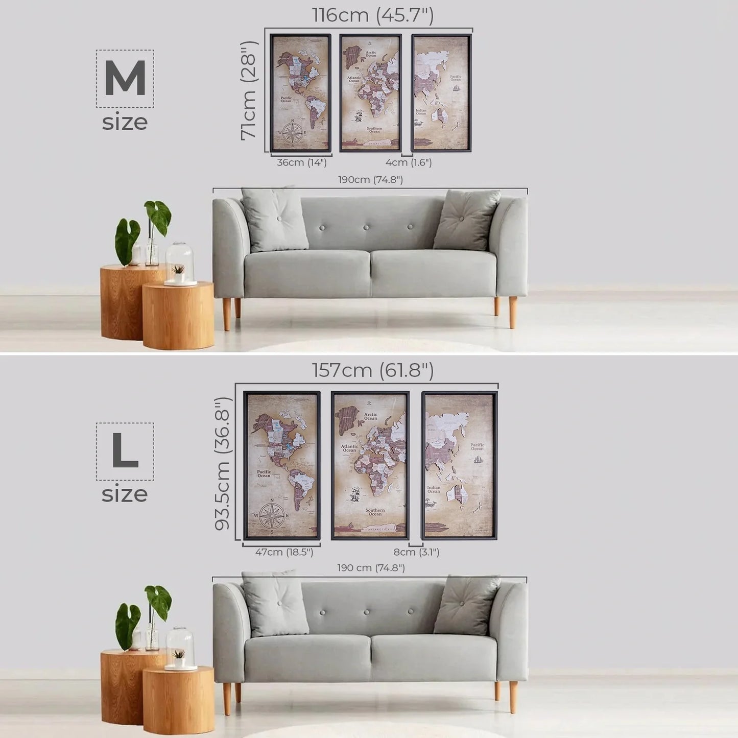 Wooden World Map on Triptych Panels - Cappuccino Vintage