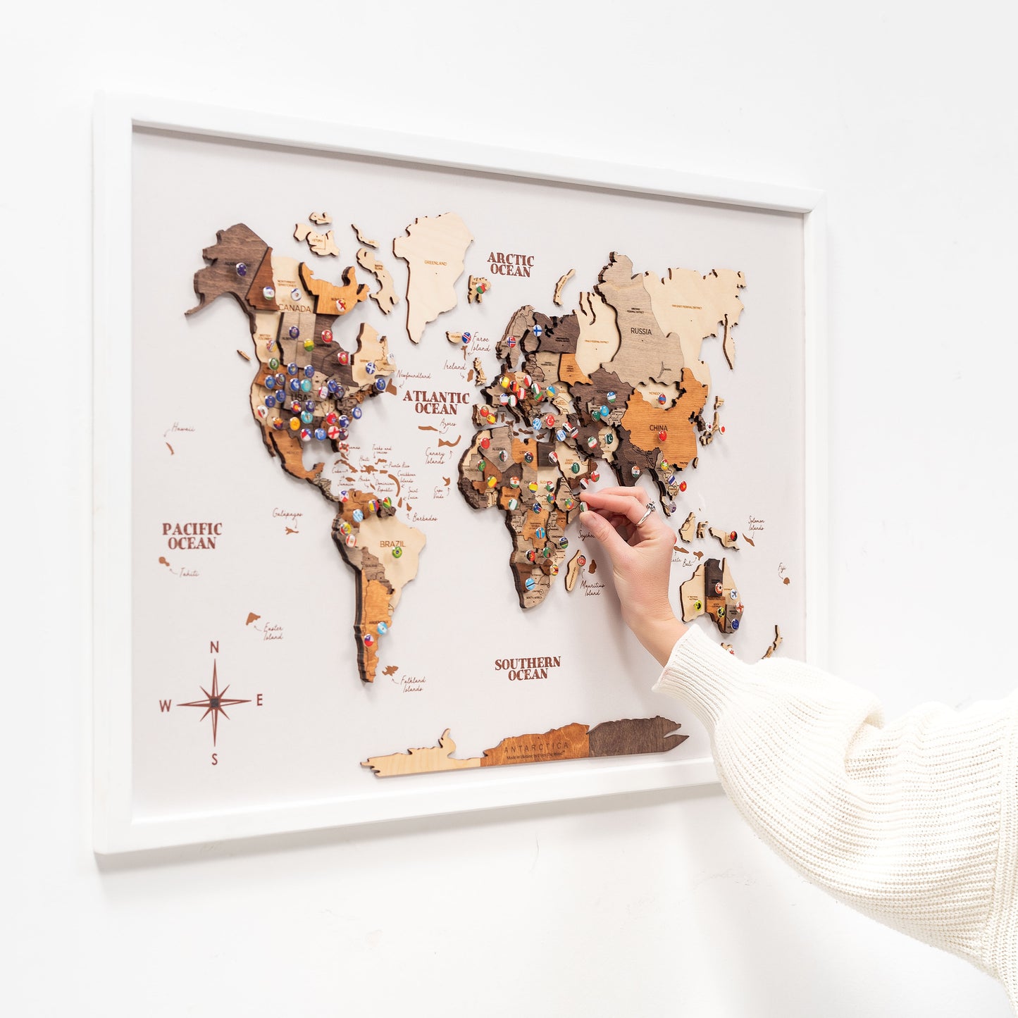 Luxury multicolor white wooden panel world map – ready-to-hang wall decoration