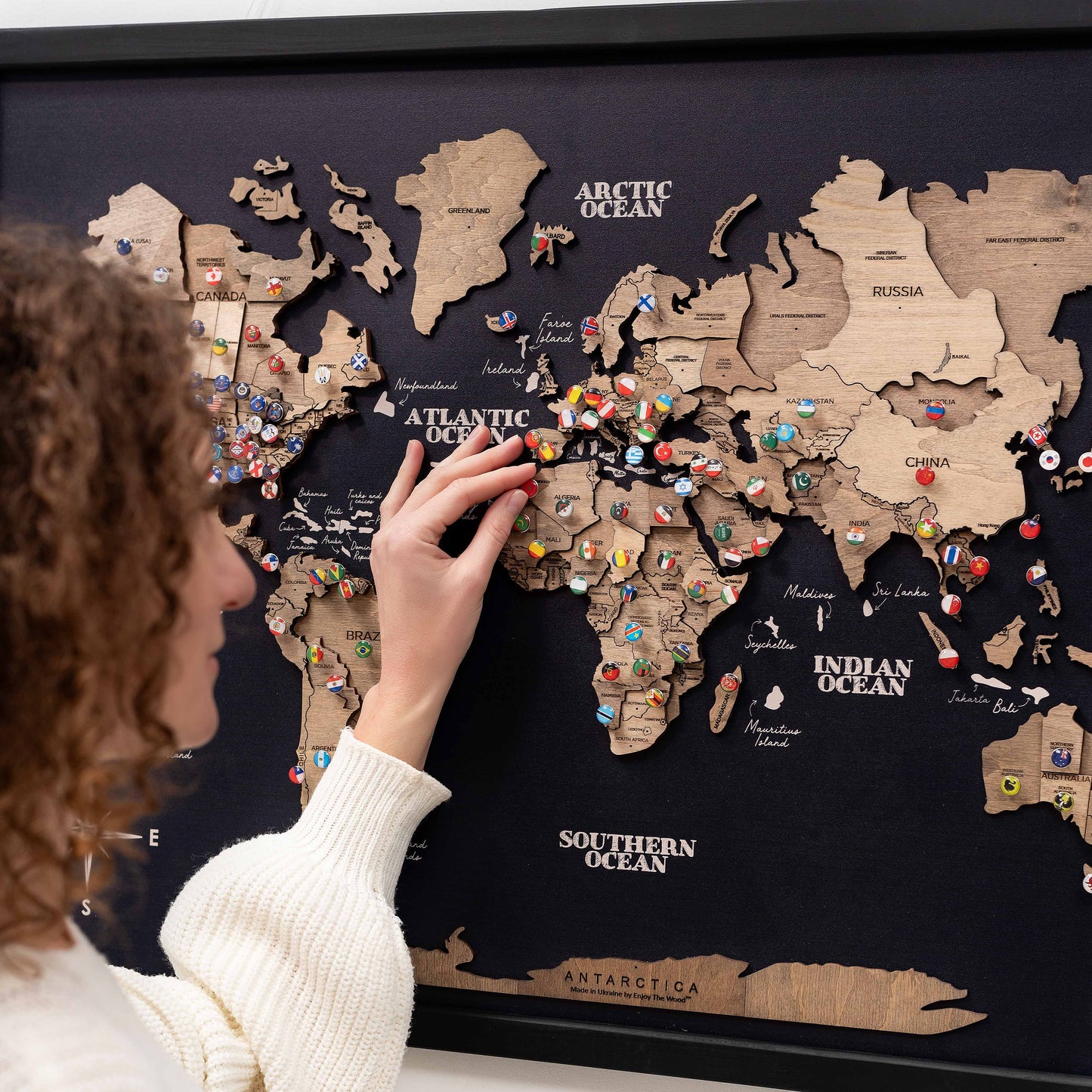 Luxury terra black panel wooden world map – ready-to-hang handmade décor