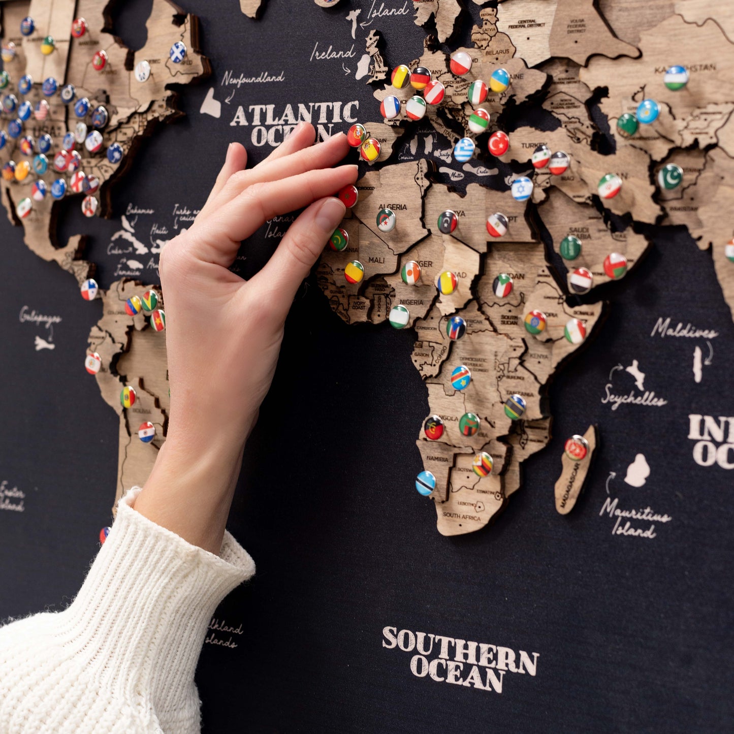 Premium terra black wooden panel world map – stylish home or corporate décor