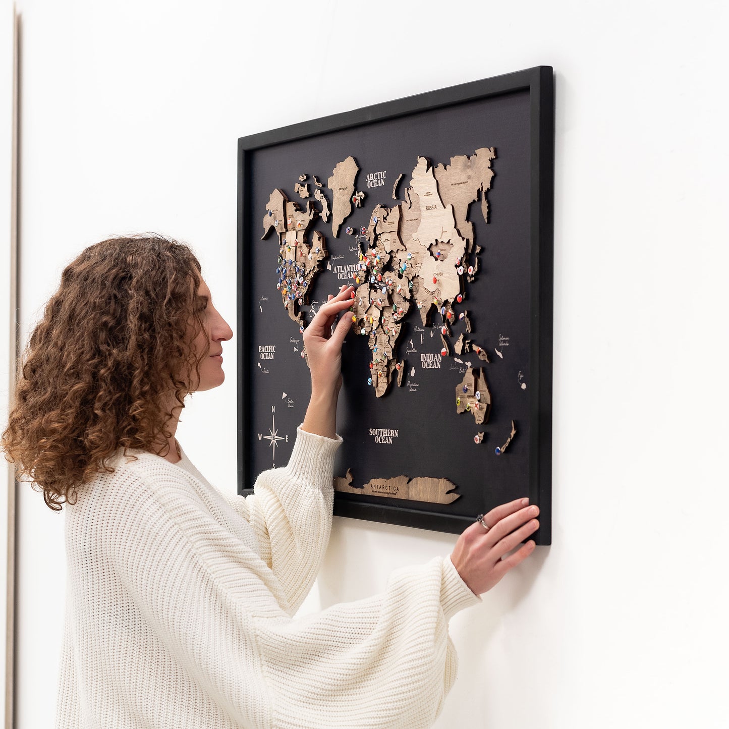 Handcrafted terra black wooden map on panel – modern décor for home or office