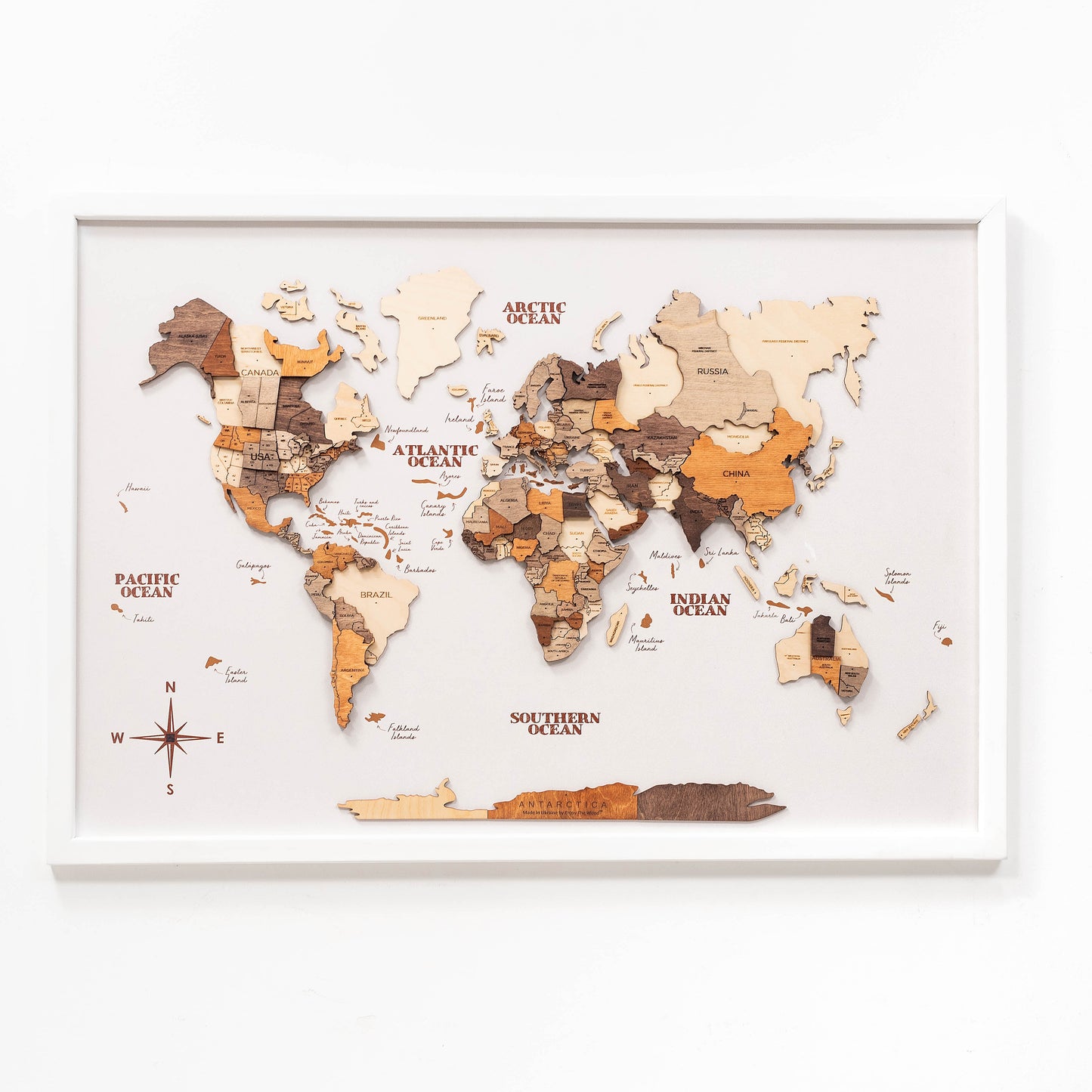 Multicolor white panel 3D wooden map – statement wall art for modern interiors