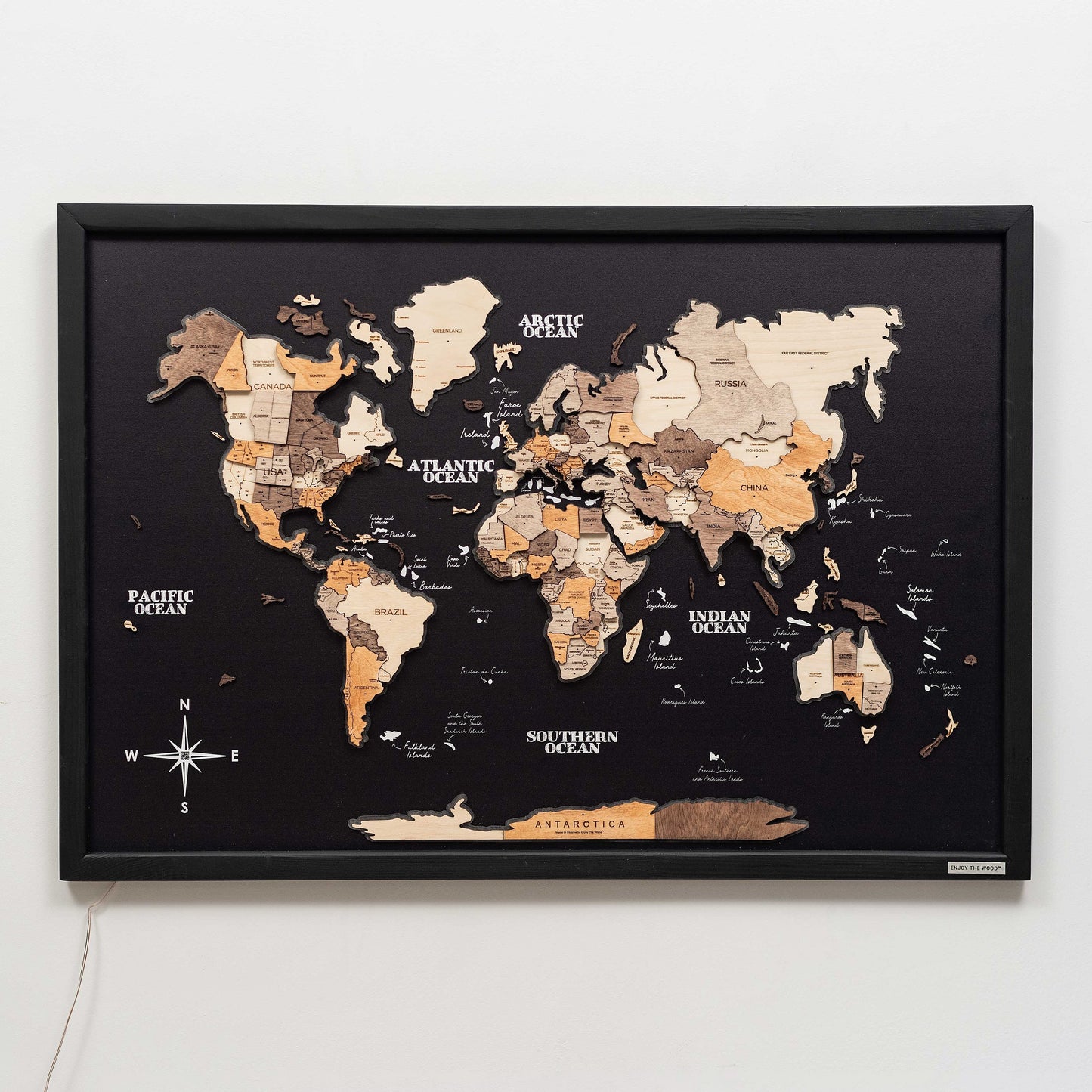 Modern black panel 3D wooden map – multicolor LED wall décor for home or office