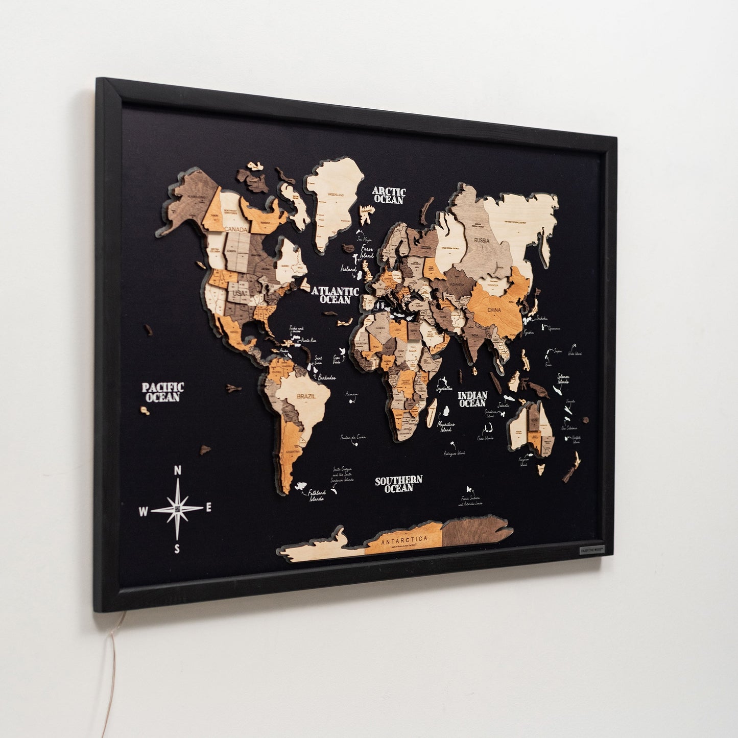 Luxury black panel 3D wooden world map – multicolor LED for premium wall art