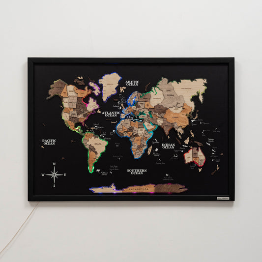 Black panel 3D wooden world map with multicolor LED – premium wall décor for homes