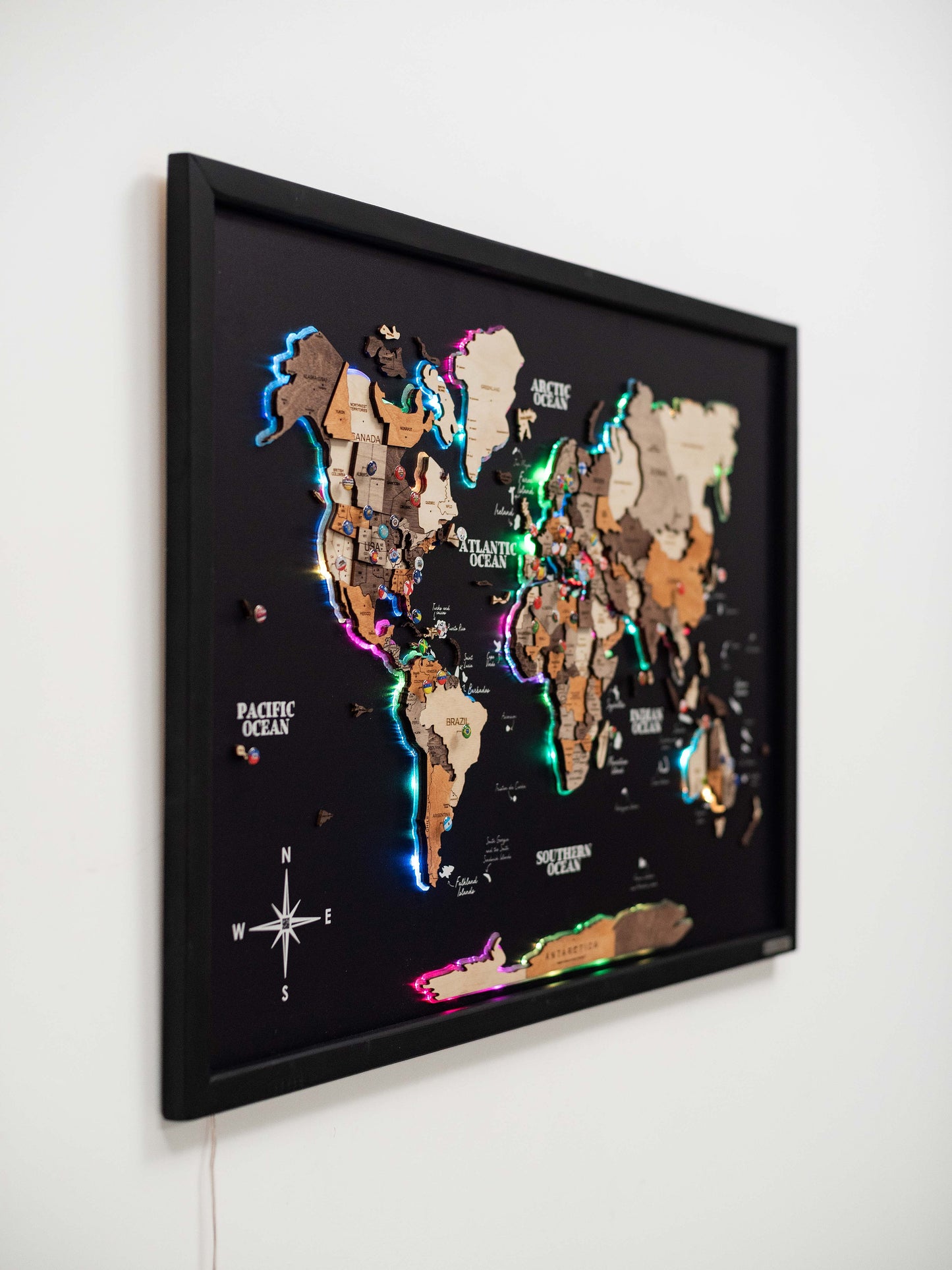 Black panel 3D wooden map – premium décor with multicolor LED lighting feature